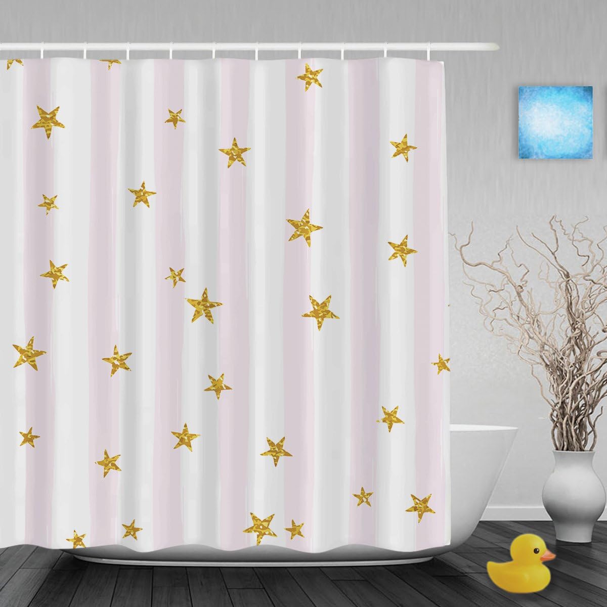Gold Glittering Stars On Stripe Background Bathroom Shower Curtains Waterproof Mildewproof Fade Resistant Polyester Fabric Shower Curtain 66"X72"Inch