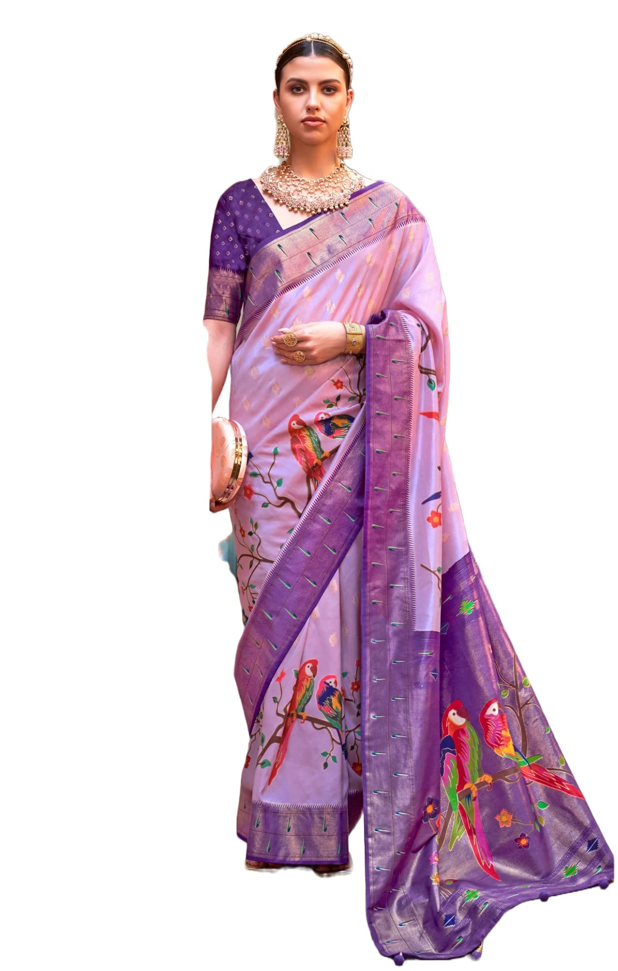 Pandadi SareeWomen's Soft Silk Paithani Saree With Unstitched Blouse Piece