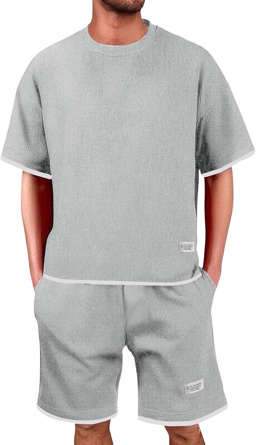 Herren Jogginganzug 2-teilig – T-Shirt Und Shorts Set, Waffel-Stoff, Atmungsaktiv, Sommer-Freizeitanzug, Ideal Für Sport Und Strand