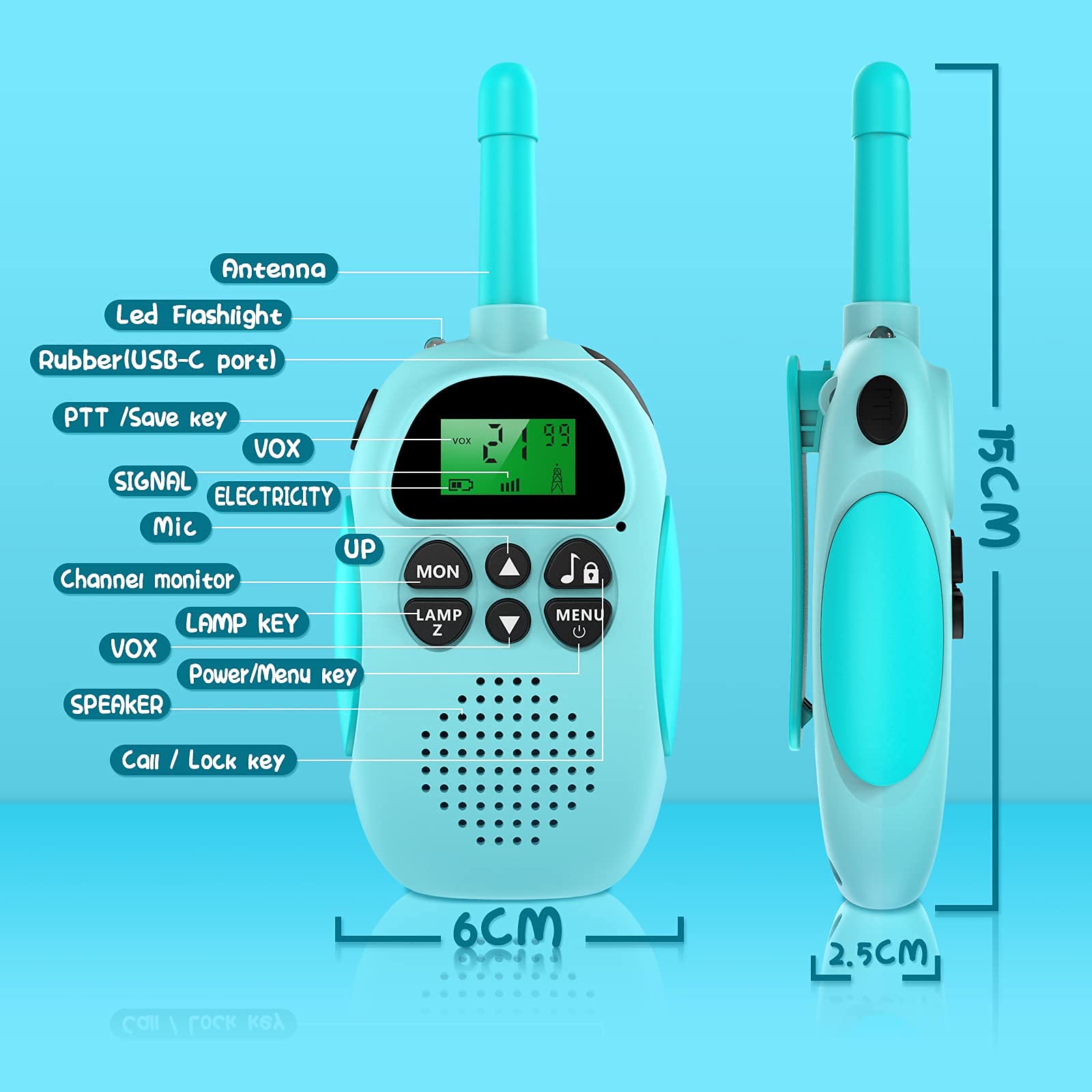 Uleway Walkie Talkie Bambini Ricaricabili Longue Portée, Ricetrasmittenti 16 Canali con LCD Retroilluminato Funzione VOX Blocco Tastiera Torcia, Regalo per Ragazzi di 3-12 Anni (Blu e Rosa)