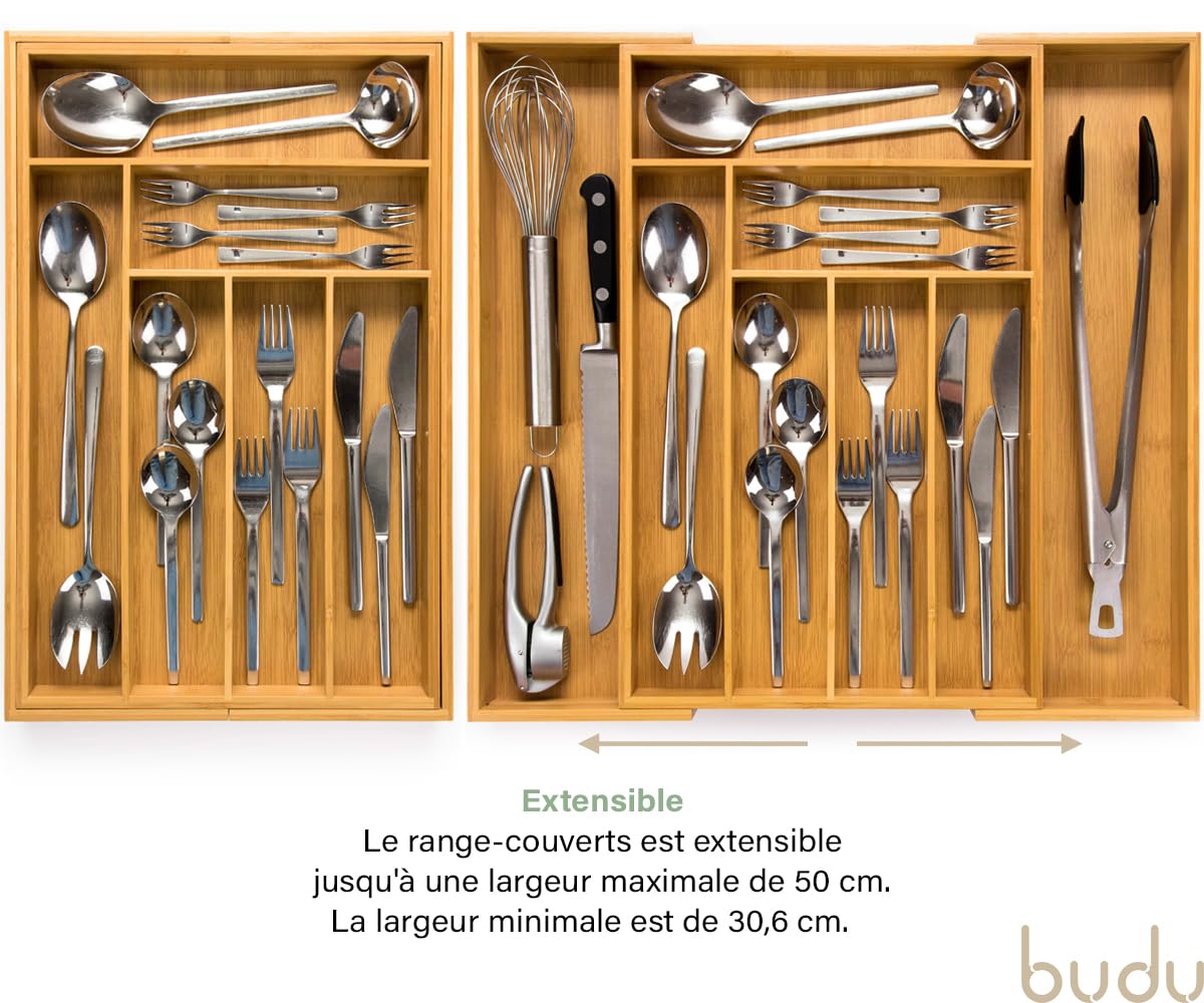 budu Range-couverts #47 (profondeur 47 cm) en bambou – Système de rangement de tiroirs pour la cuisine – Range-couverts pour tiroirs en bambou – Extensible – Organiseur de cuisine…