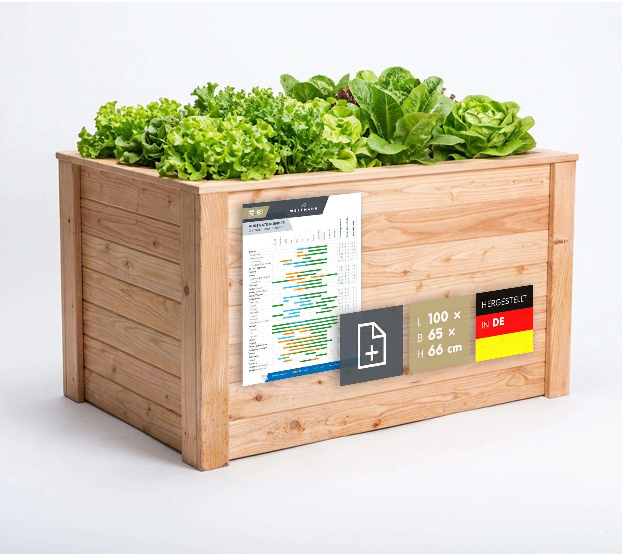 WESTMANN Hochbeet aus Lärchenholz inkl. Aussaatkalender | 100x65x66 cm Natur | Kräuterbeet für den Außenbereich | Holzhochbeet zum Bepflanzen von Gemüse & Kräutern