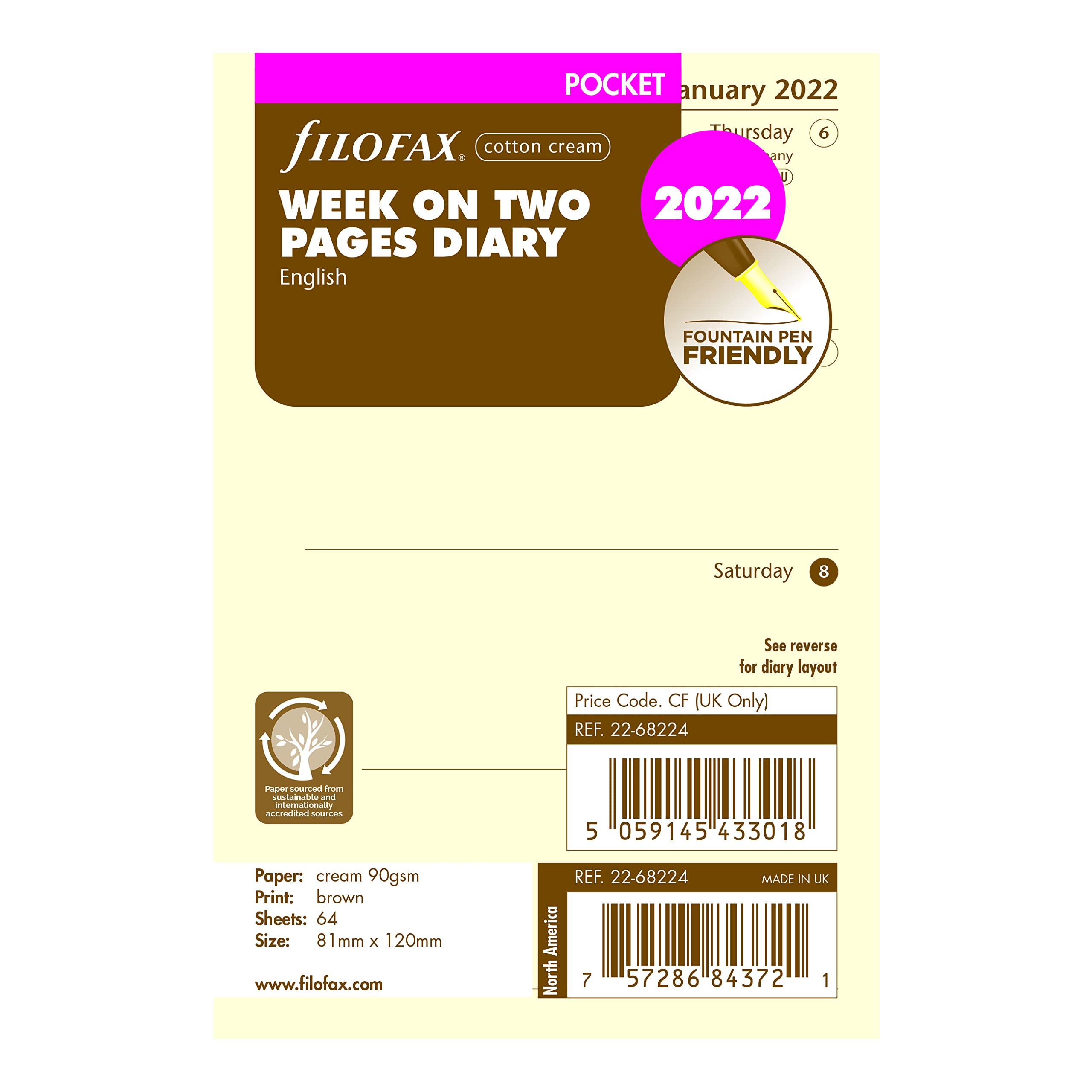 Filofax 2022 (C68224-22) - Ricarica tascabile, visualizzazione settimanale, in cotone, colore: panna