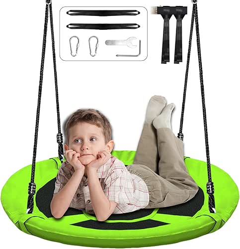What's Behind Child Spinning Around in Circles? You'll Be Amazed 4 40 Inch Green/Blue Saucer Tree Swing Set for Kids Adults