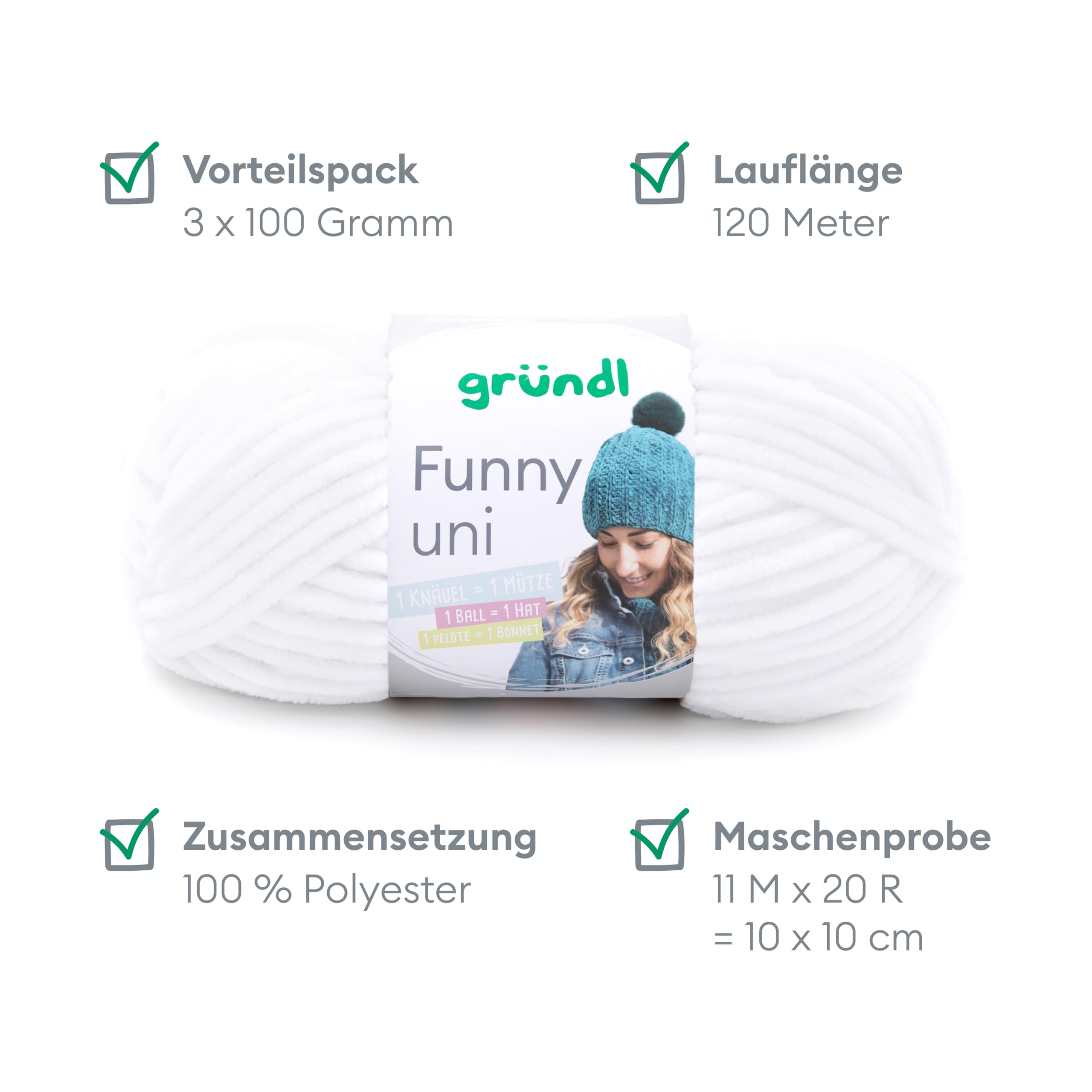 Gründl Laine Funny uni - laine chenille douce pour le crochet – moelleuse et respectueuse de la peau - 100% polyester – 2 pelotes 100 g / 120 m – taille d’aiguille 5-6 -Blanc - 3