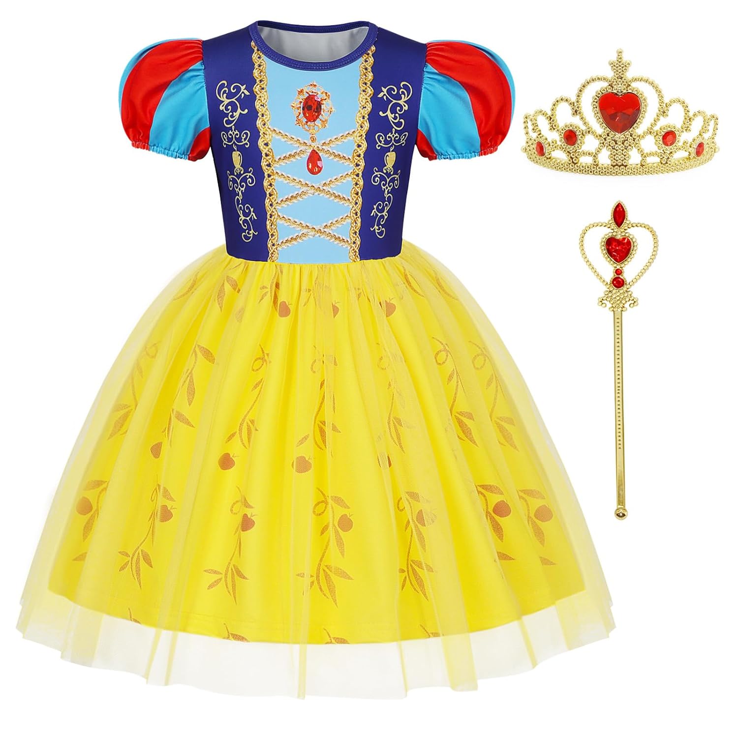 Benylion Vestido de fantasia de princesa da neve para meninas, vestidos de festa de aniversário com varinha de coroa, vestido de tule, roupas de cosplay de Halloween