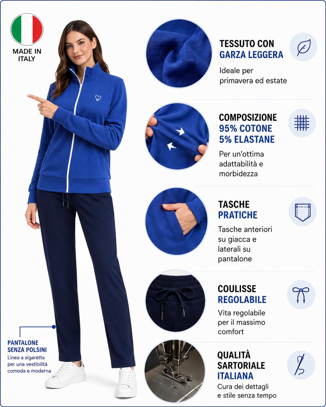 Tuta Donna Estiva in Cotone Garzato Made in Italy - Sportiva Elasticizzata per Primavera ed Estate