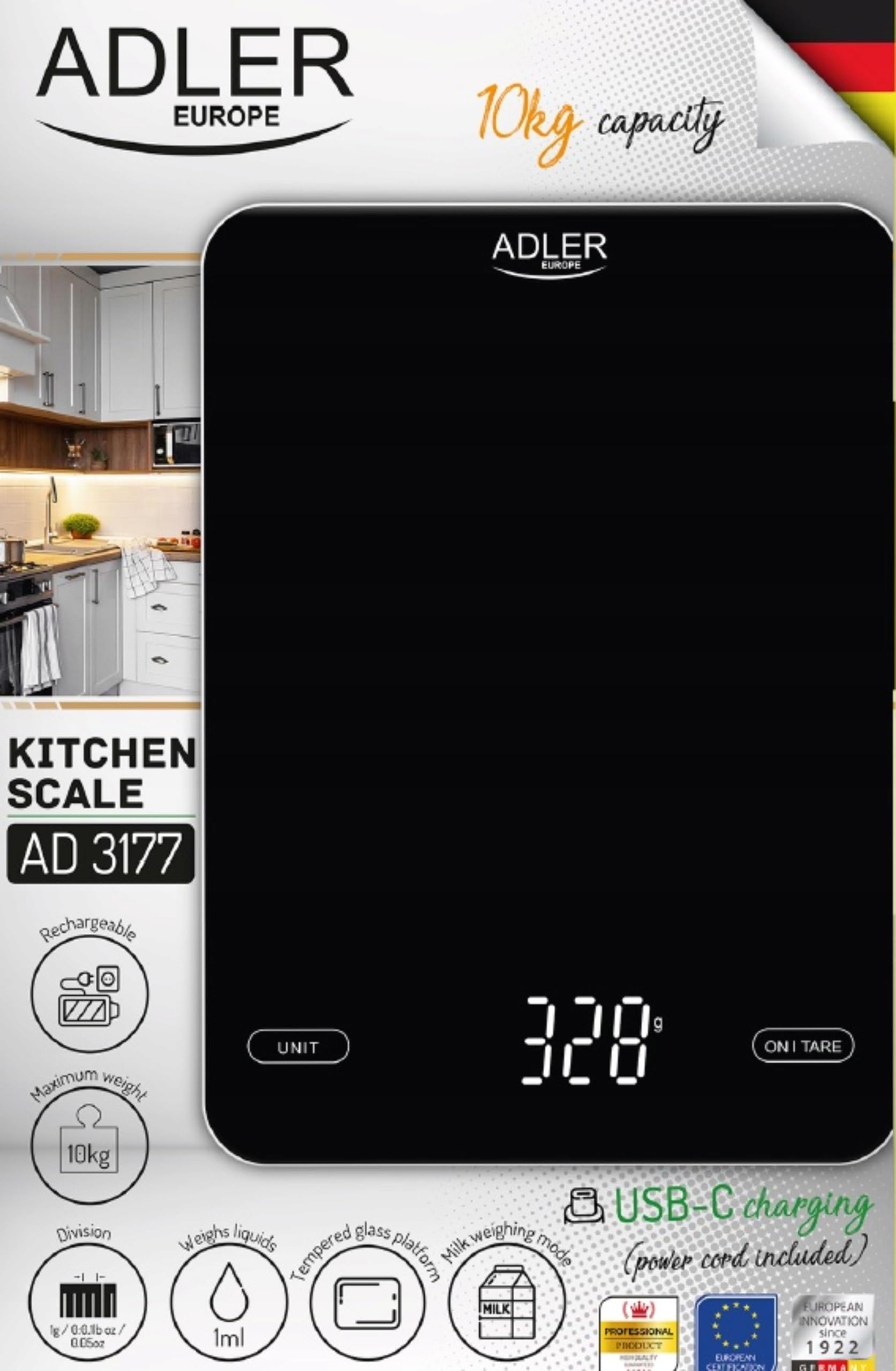 AD 3177 black Waga kuchenna 10kg ładowana przez USB