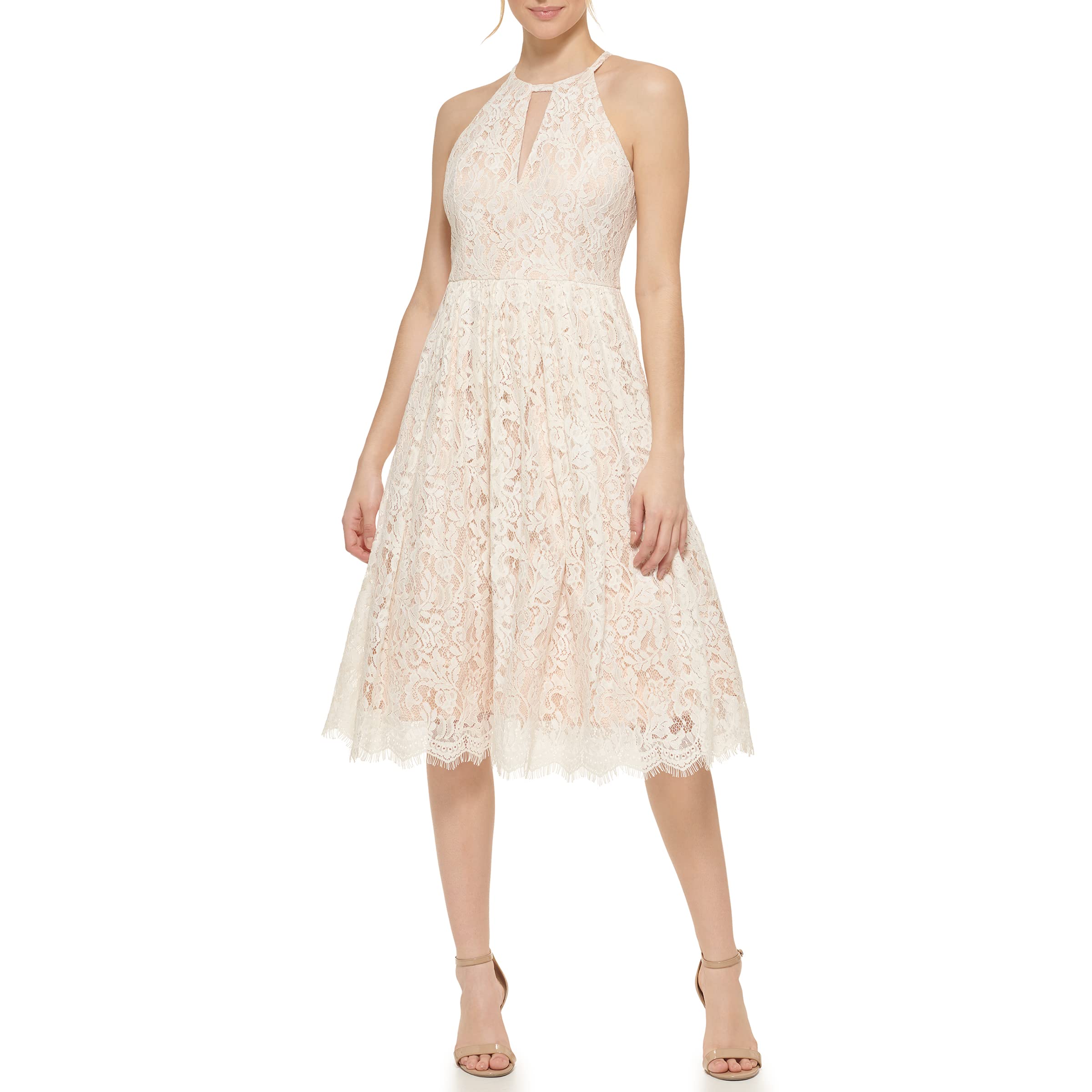 Eliza J Womens Midi Style Fit and Flare Sleeveless Halter Neck Lace Dress