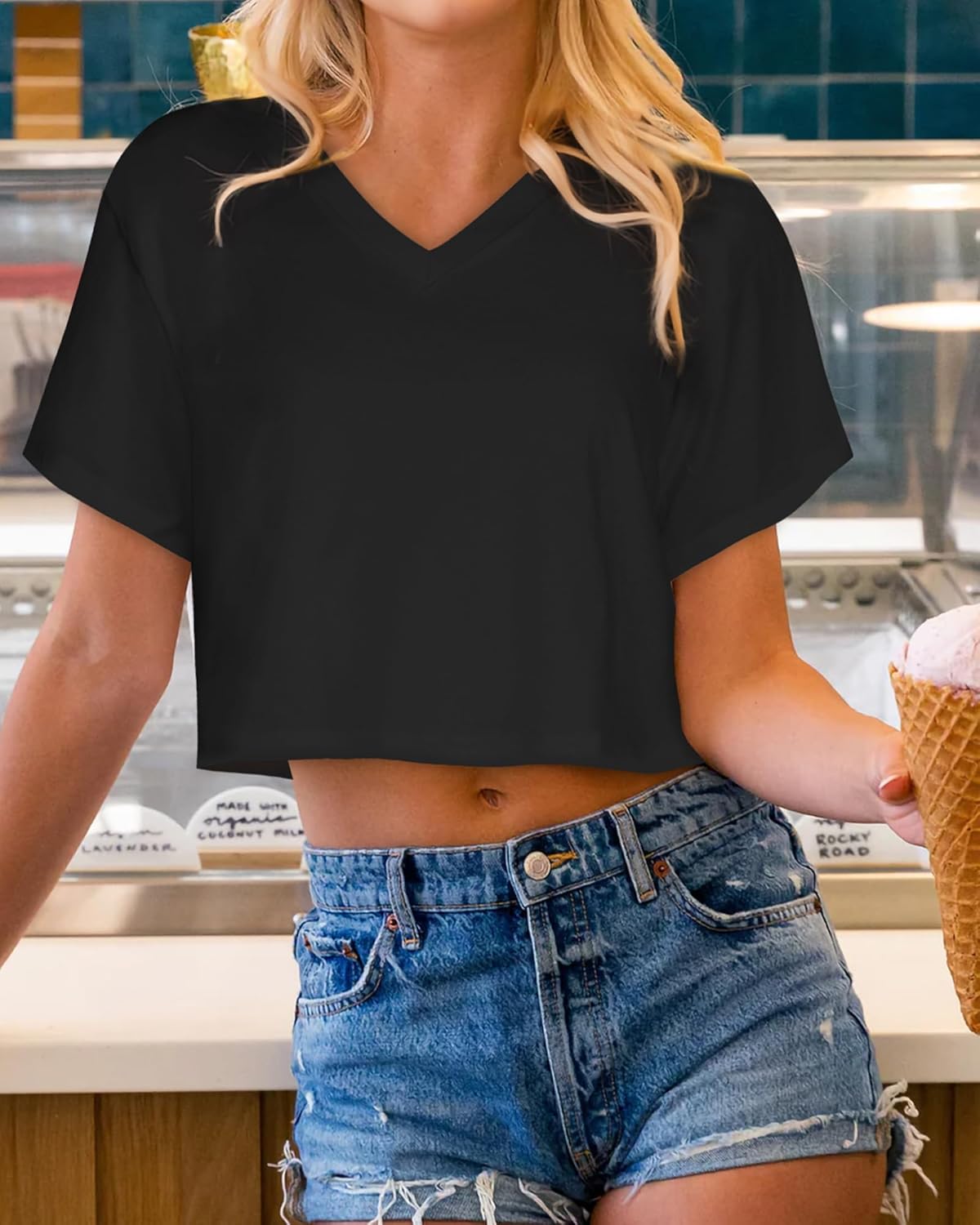 Womens Crop Tops Summer Baisc Tees V Neck T Shirts Casual Short Sleeve Cropped Top - Image 2