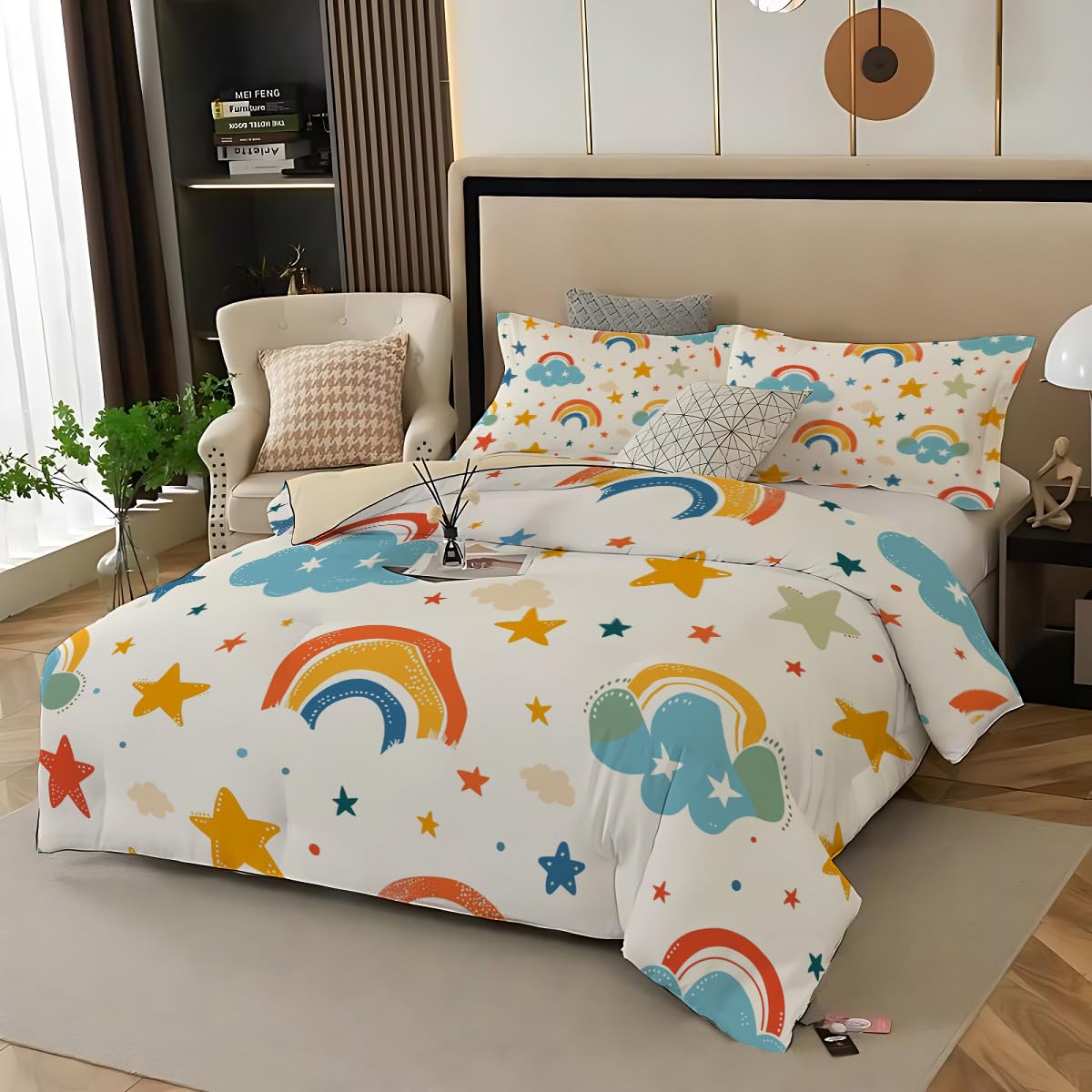 Funda nórdica de arcoíris infantil en microfibra con nubes y estrellas 1