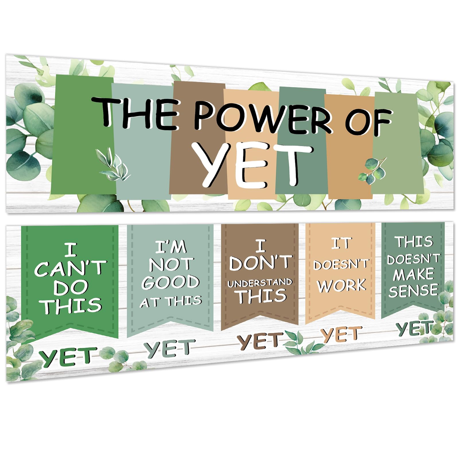 QOUBAI Eucalyptus Growth Mindset Posters Greenery Bulletin Board Decorations The Power of Yet Banner Eucalyptus Greenery Themed Classroom Decor Plant