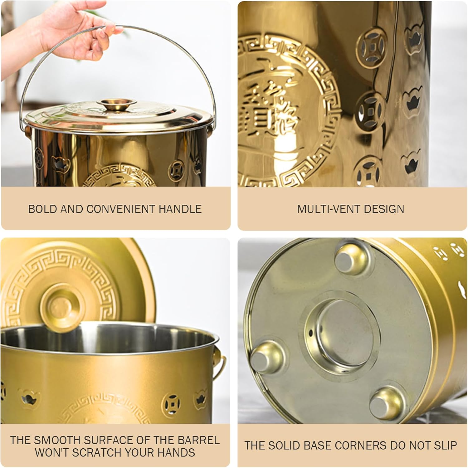 Burn Barrel, Stainless Steel Burn Cage with Lid & Handle Outdoor Incinerator Can Safe Fire Pit Bin for Yard Waste, Leaves, Paper & Cardboard, Golden