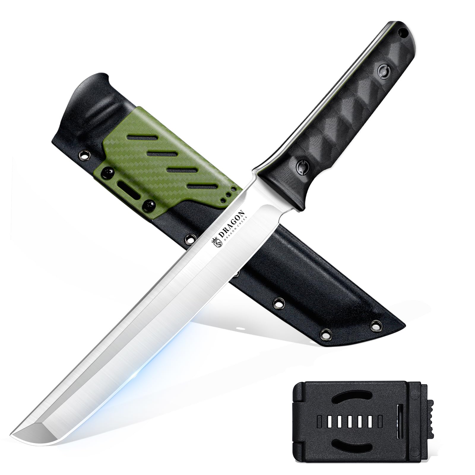 Dragon Creek Tactical Knife Kydex - Outdoor Fixed Blade Survival Knife with Sheath D2 Steel Blade G10 Full Tang Handle for Camping Hiking Gift Men Green