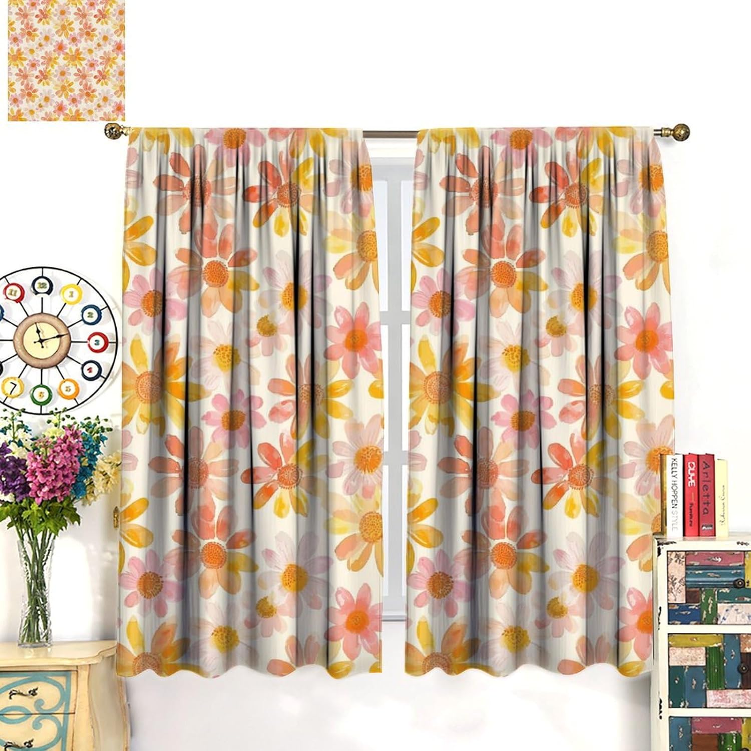 Floral Curtains Retro Rural Watercolor Hippie Flowers Window Treatment for Living Room Bedroom Kitchen Blackout Decor Window Drapes 42" W X 63" L