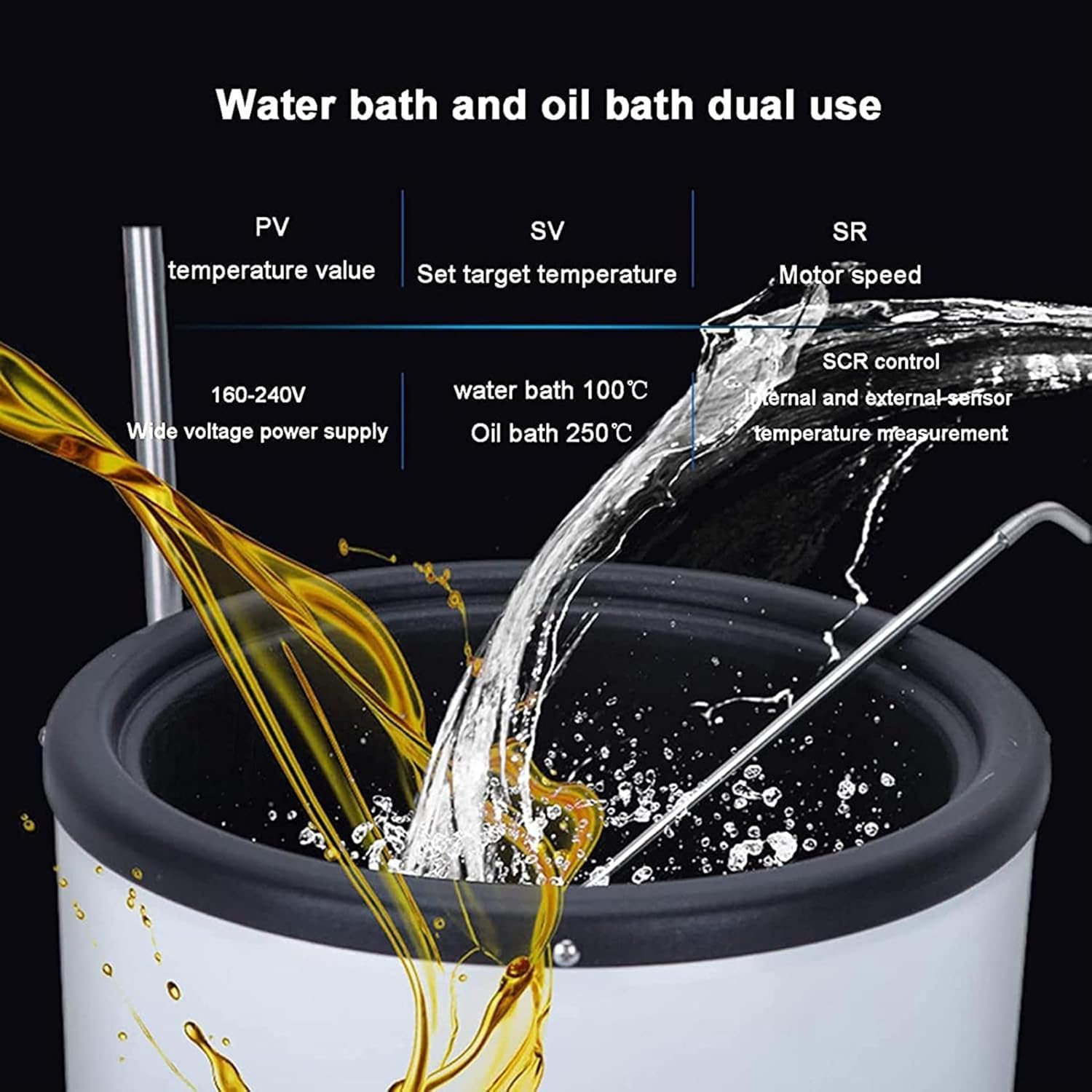 Olla agitadora magnética con soporte ajustable, baño de agua de 100 °C y calefacción de baño de aceite de 250 °C, control de velocidad de 50-2000 rpm, sensores de temperatura internos y externos