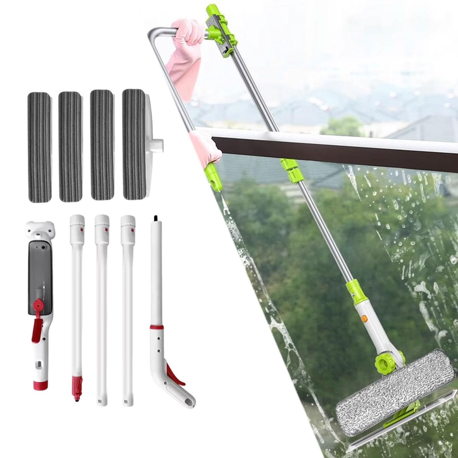 Limpiador de Ventanas con Pulverización Set de Limpieza con Barra Telescópica Recogedor de Agua Integrado Escobilla de Silicona Flexible Adecuado para, 24 Cm X 190 Cm