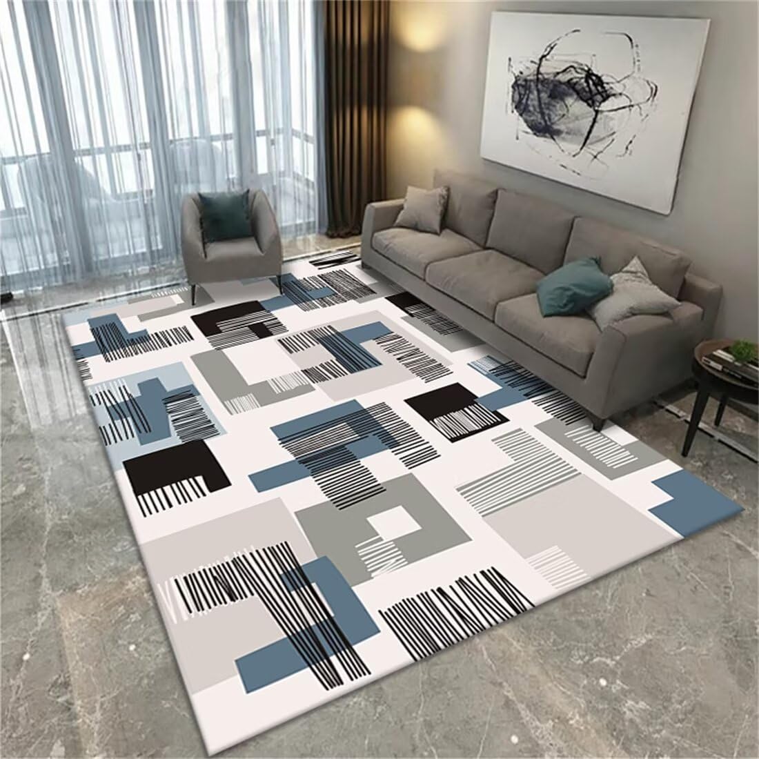Tapis pour salon rectangulaire lavable bleu gris 50x70cm de haute densité textile