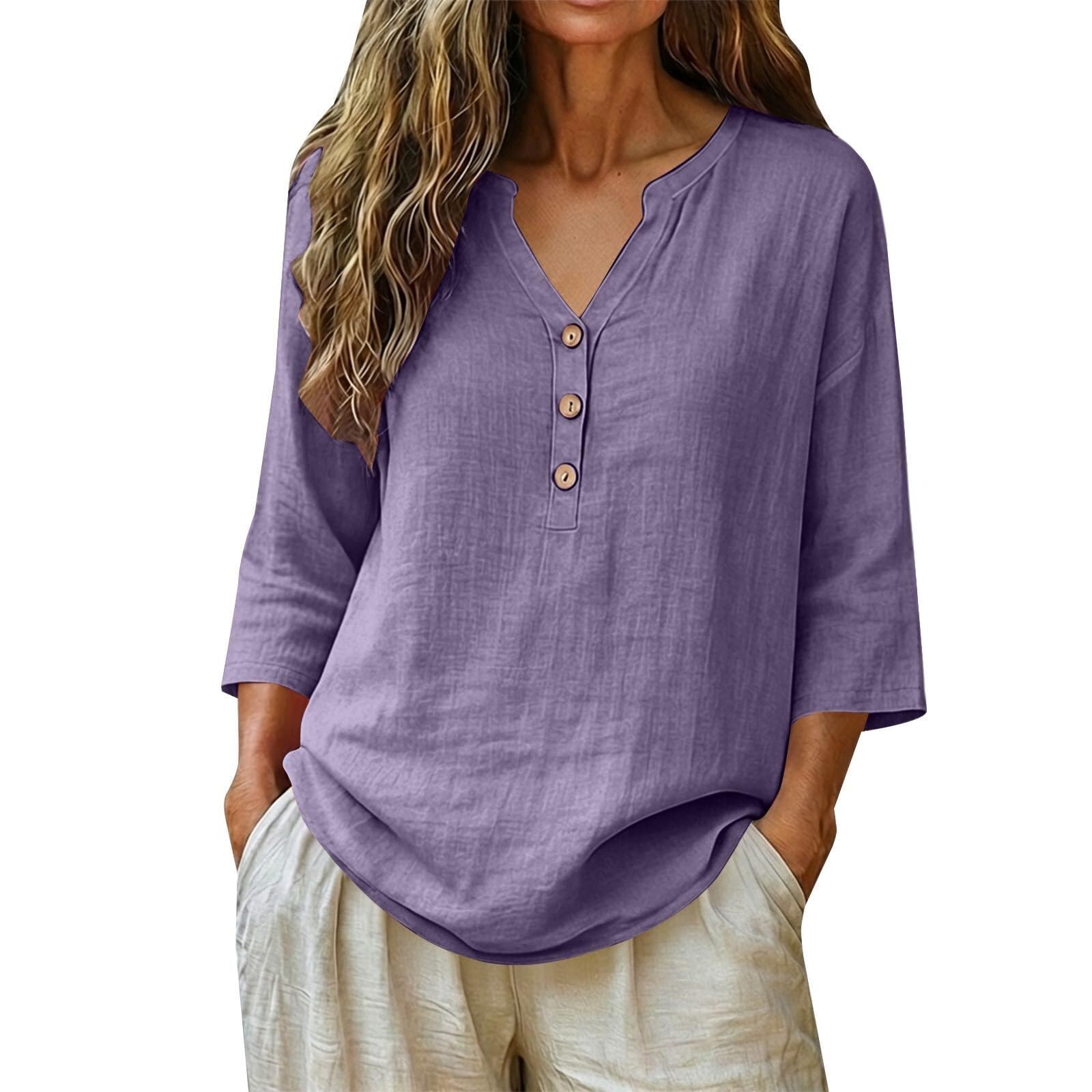Camicetta da donna in mussola con maniche a 3/4, in lino, scollo a V, con bottoni | Materiale traspirante in cotone e lino, vestibilità comoda, versatile, elegante abbottonatura