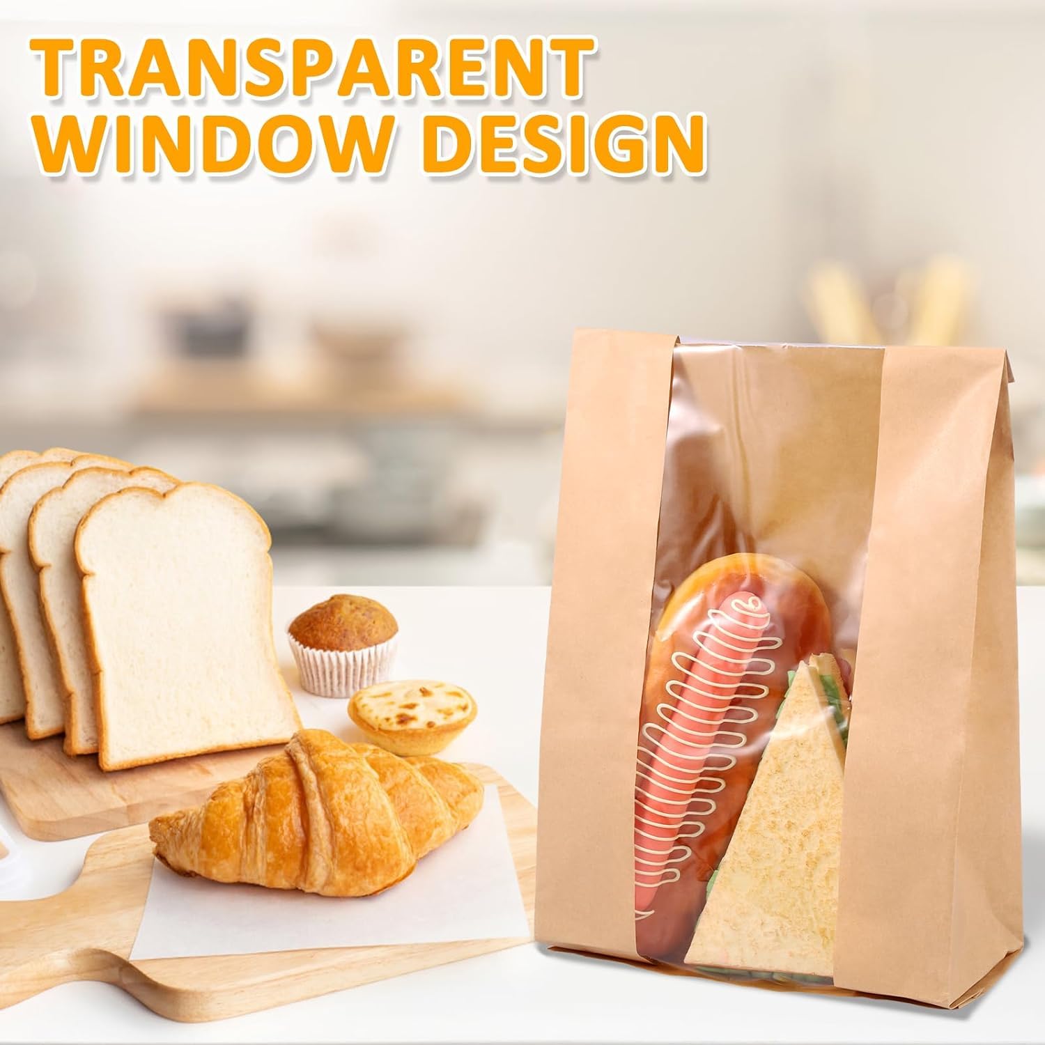 Sacchetti di carta per pane – Confezione da 50 sacchetti per pane fatti in casa con finestra trasparente con etichette adesive adesive per pasticceria sacchetti per biscotti, pane e dolcetti