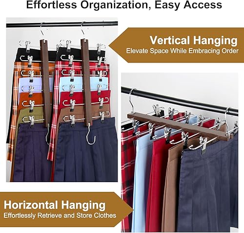 Miniatura 3 de FITNOVO Perchas para faldas con clips, madera de haya europea, paquete de 2 perchas para pantalones que ahorran espacio, organizador de armario para