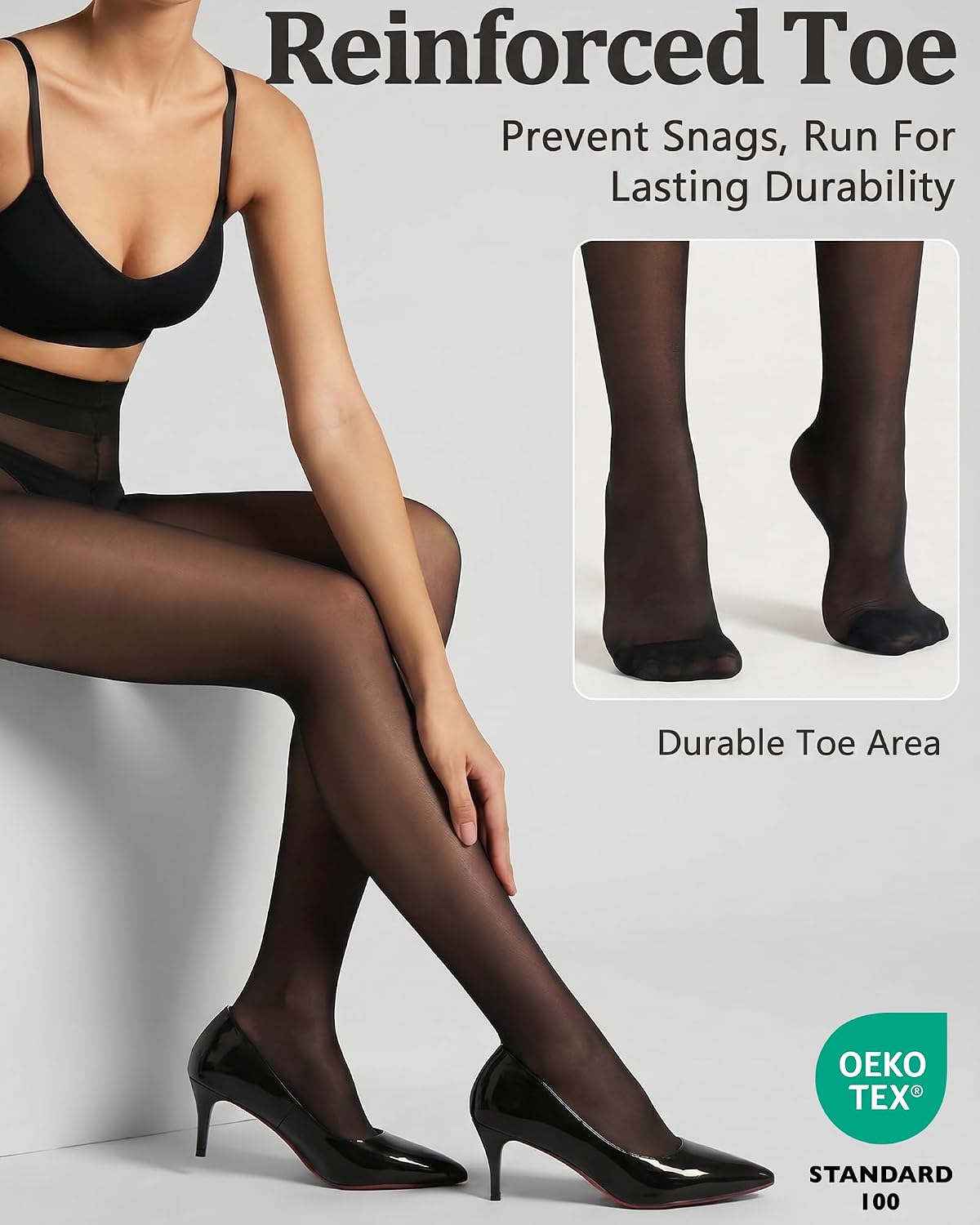 Sheer to Waist Women's 30D Pantyhose, 2 Pairs Black Tights T-Crotch Control Top with Reinforced Toes, Nylon Stockings