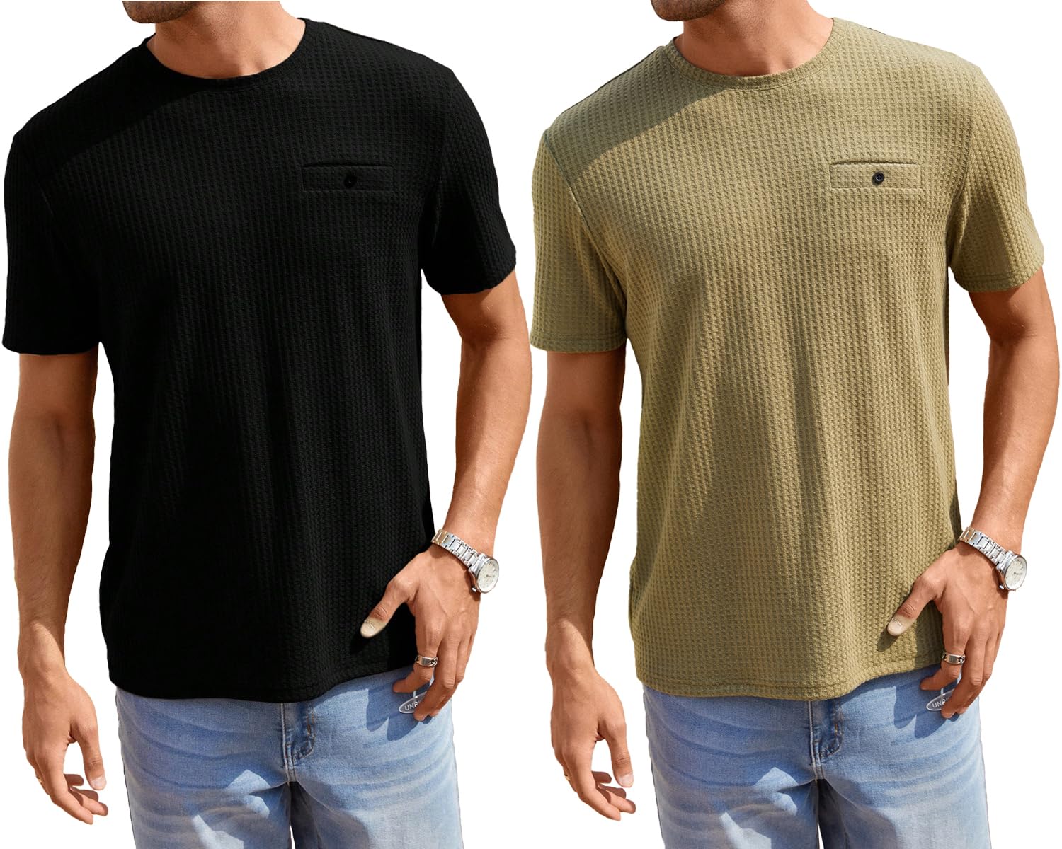 Tagdo Men's Waffle Knitted Crew Neck Short Sleeve Tees Pack of 2 (COMBO-5154-BLK-KHK-S)