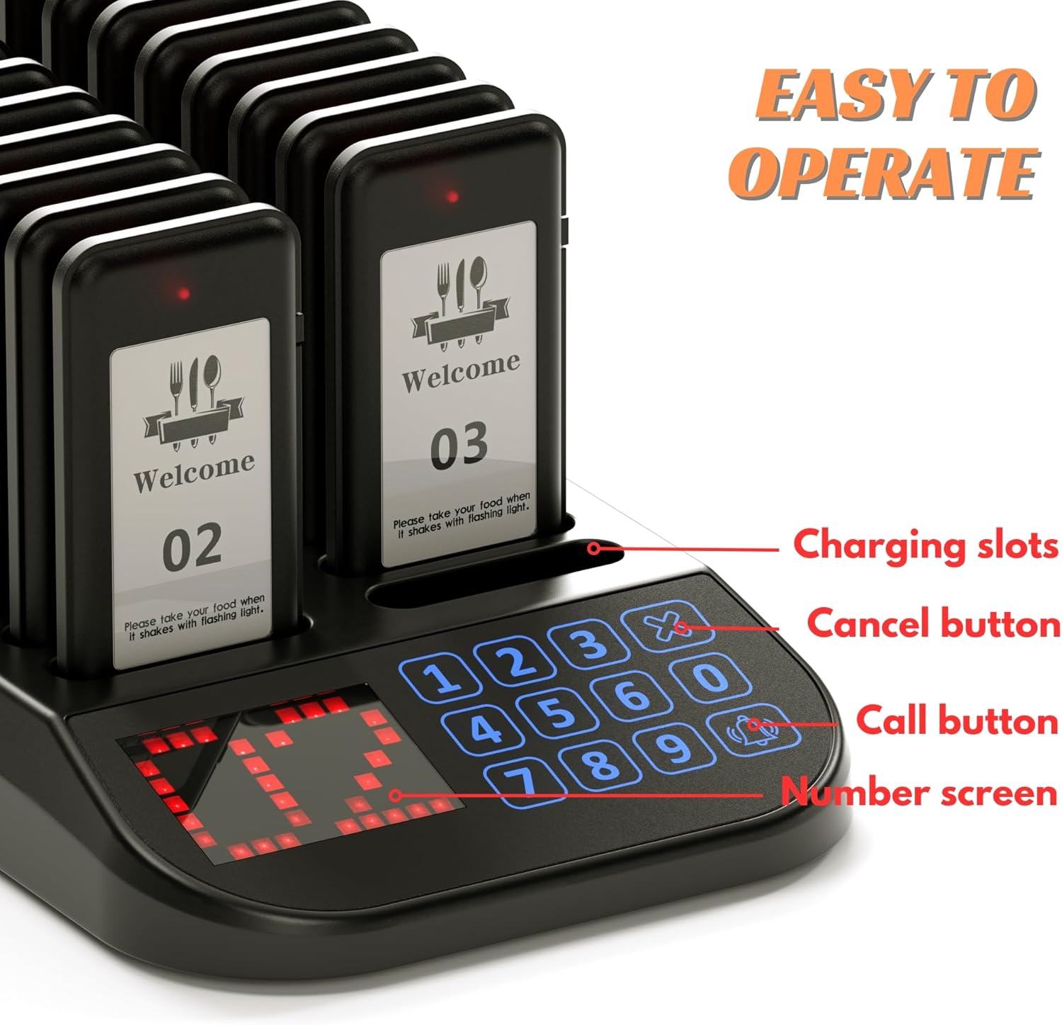 20-Buzzer Restaurant Pager System, Wireless Calling System Waterproof Coaster System with Touch Panel & Large Display for Food Truck Cafe Clinic, 328ft Indoors, Mute Button on Beeper