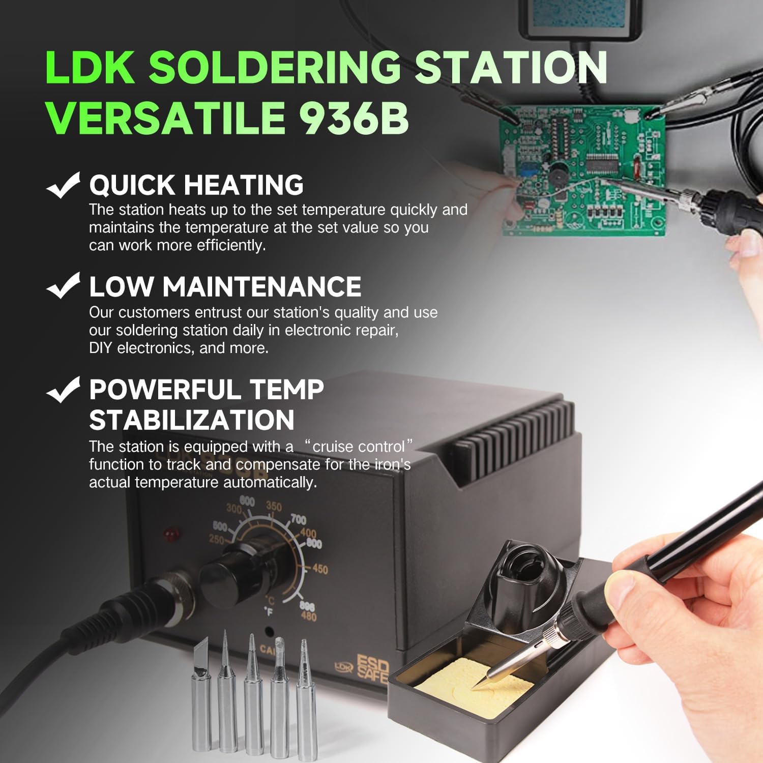 LDK 936B Soldering Iron Kit Soldering Station, 60W Soldering Iron Kit for Electronics, 5 Extra Soldering Iron Tips, Solder, Desoldering Pump, Tweezers, Wire Cutter