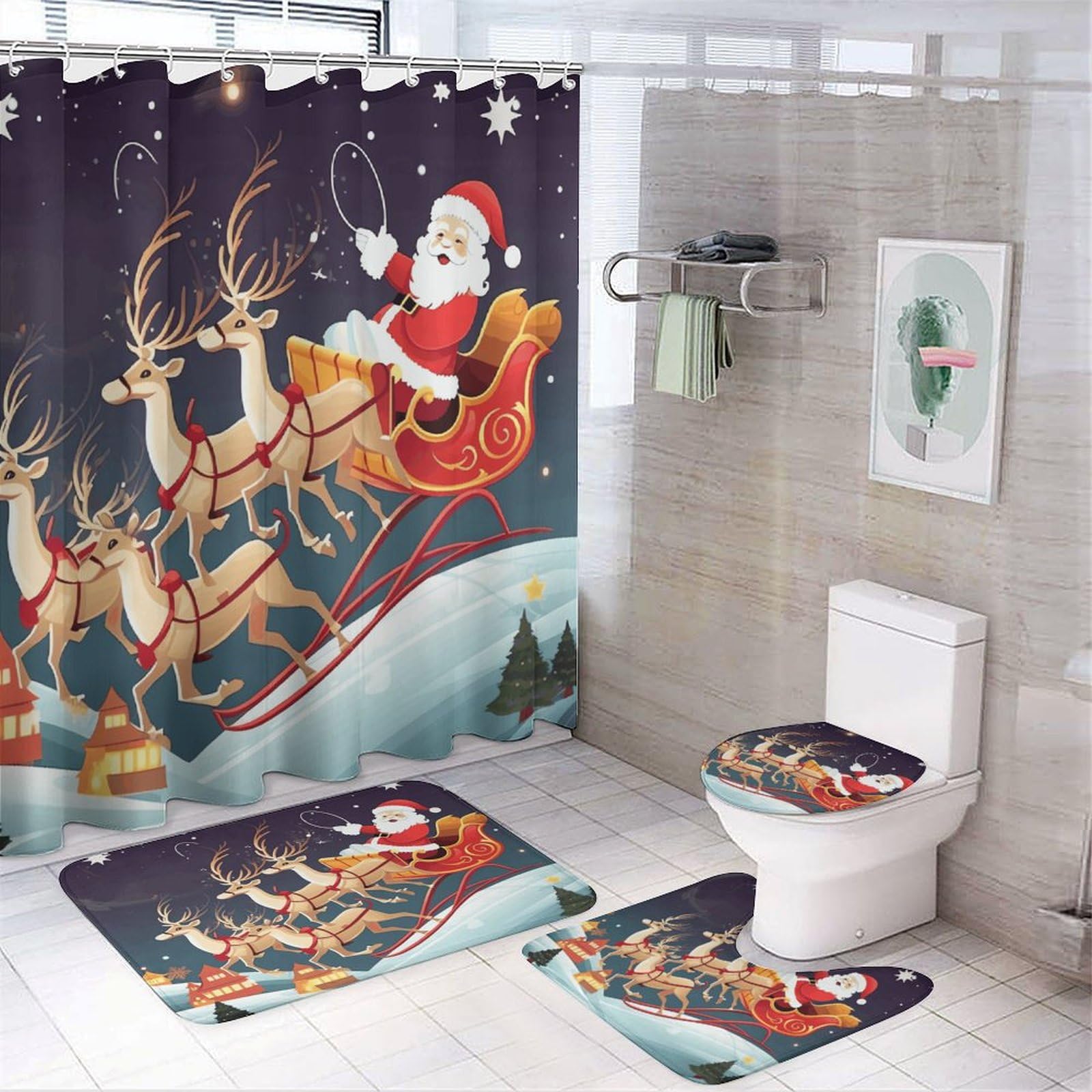 Rideau de douche Père Noël et ensemble de bain 4 pièces pour décoration de fête