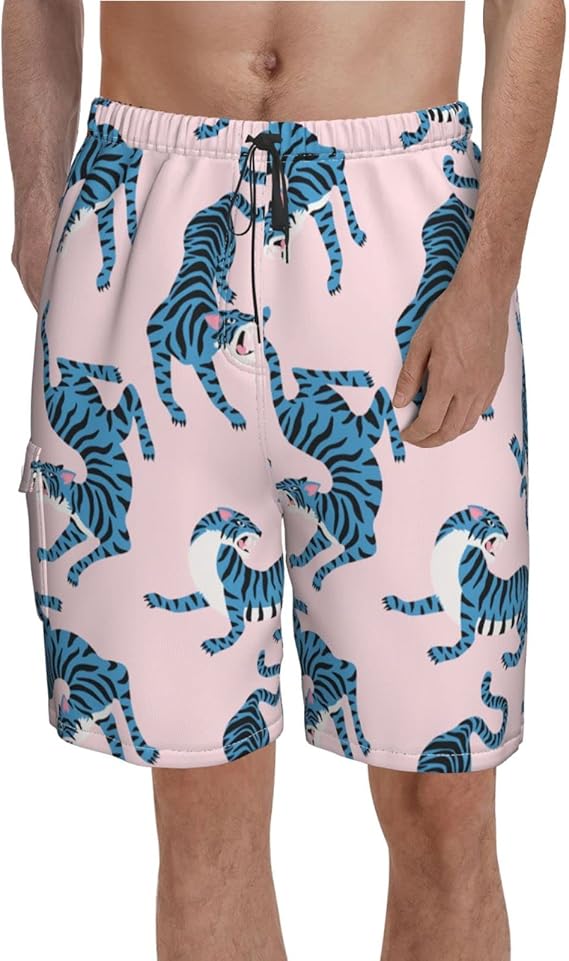 Amazon Co Jp メンズ サーフパンツ 水着 青い虎柄 ピンク背景柄 海パン スイムパンツ ビーチパンツ ハーフパンツ 水陸両用 ポケット付き サーフトランクス ゴムウエスト スイムウェア 旅行 通気 速乾 大きいサイズ ファッション