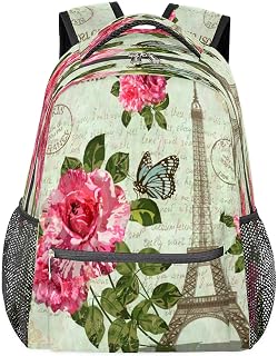 Mochilas escolares leves para meninos e meninas, Torre Eiffel, flor, borboleta, à prova d'água, 40,64 cm, para viagem, laptop, casual, adequado para homens e mulheres, trabalho, viagens, caminhadas, acampamento, Multicor, Medium