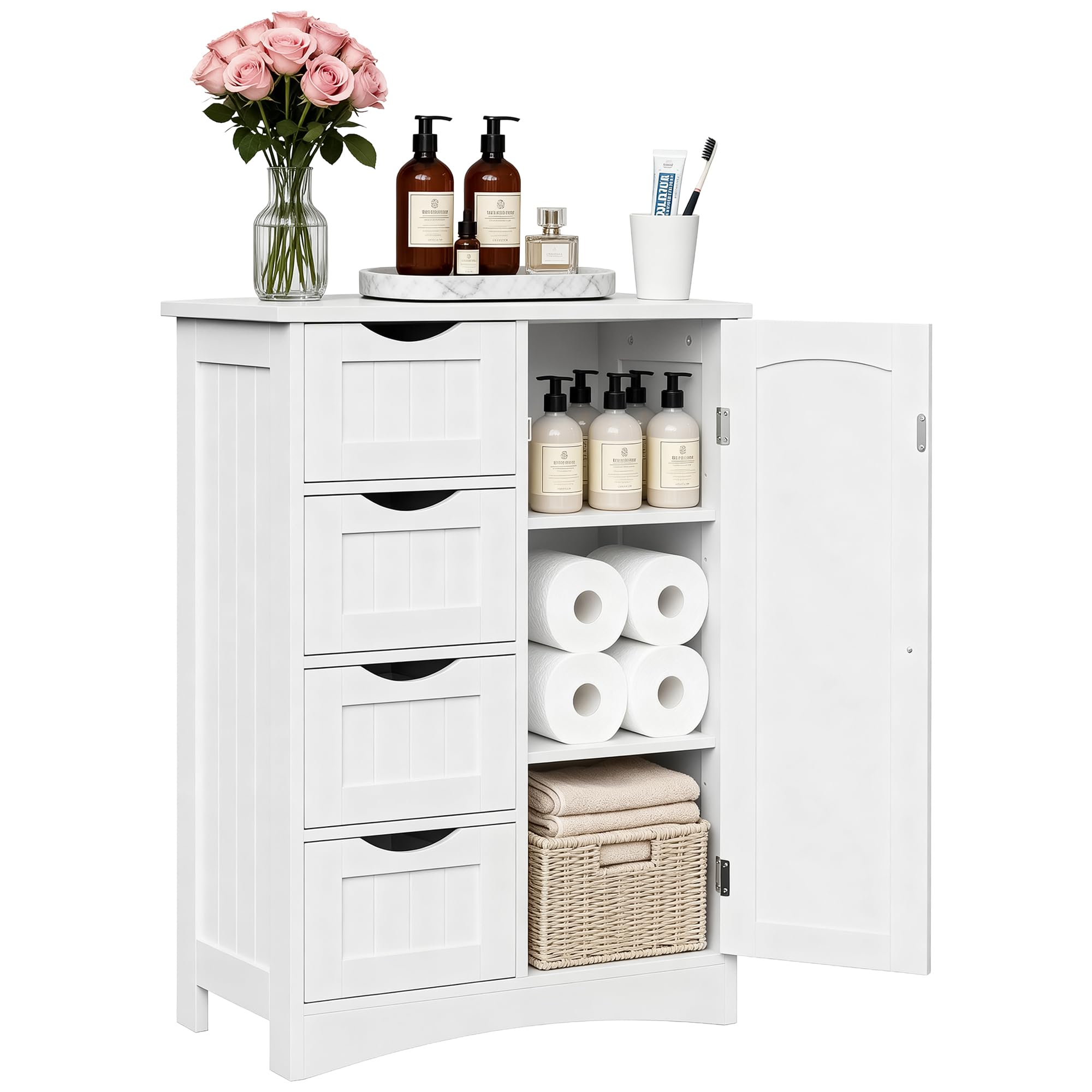 Wooden Bathroom Floor Storage Cabinet, Freestanding Storage Cabinet with 4 Drawers and 1 Door Entryway Storage Oragnizer Unit for Bathroom, Living Room, White
