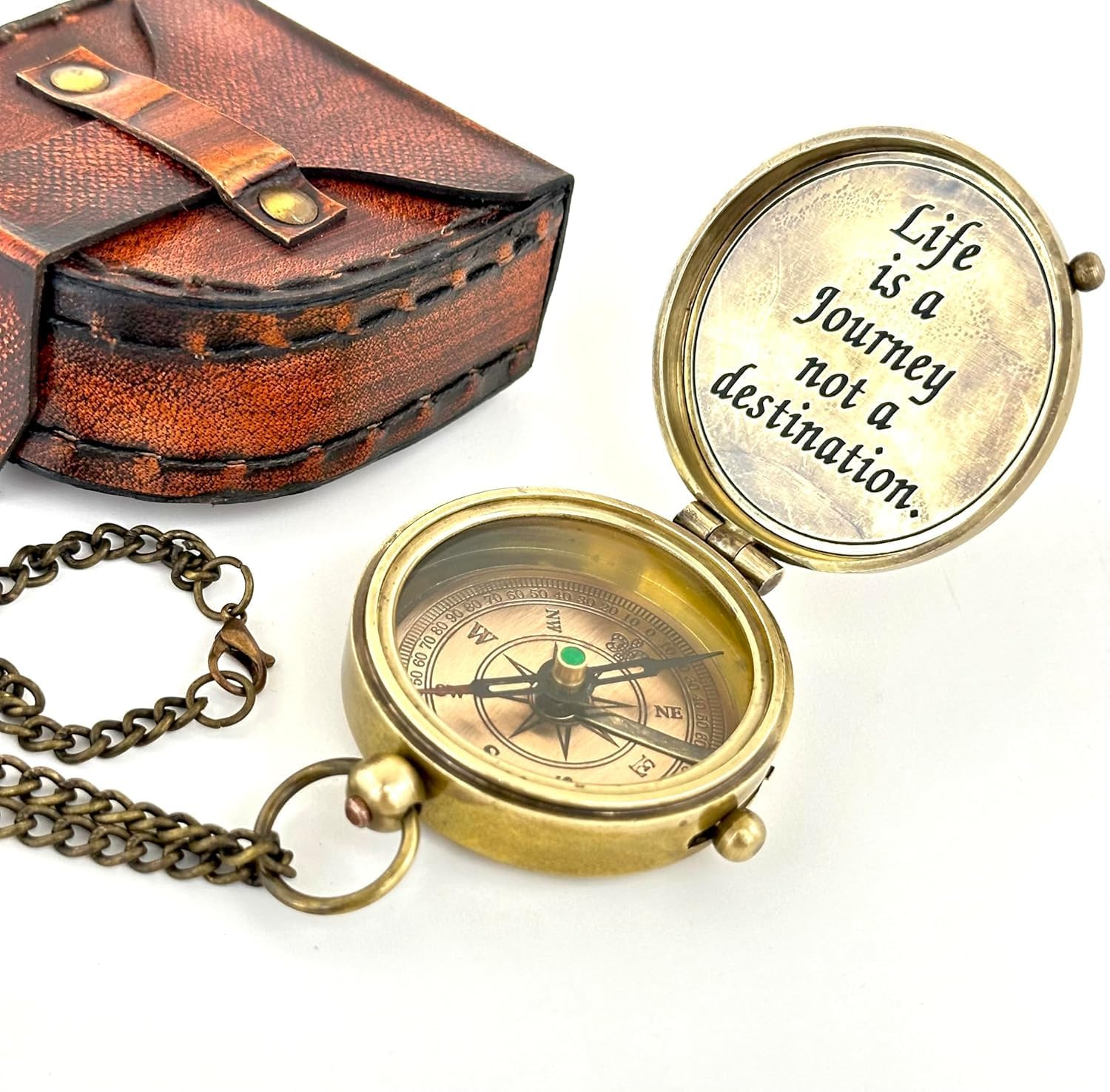 Vintage Brass Compass with Leather Case, Engraved Life Quote, Chain Necklace, Inspirational Gift, Engraved Compass - Life is a Journey not a Destination - Unique Gifts for Fathers, dad, for him Gift