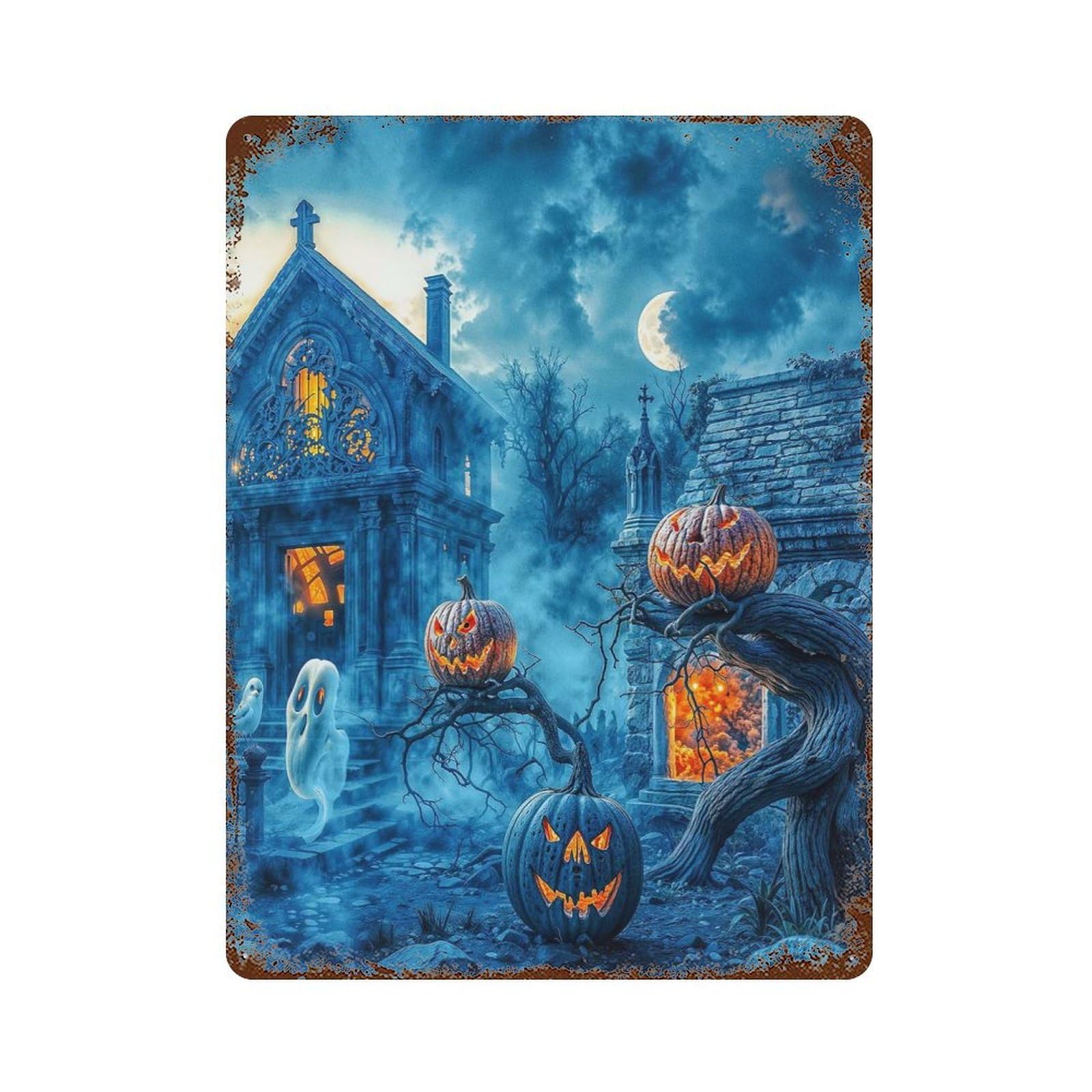 Garage Style Halloween Graveyard Scene Rusty Metal Tin Sign 15.7"x11.8", Shabby Chic Decor for Bar And Workshop