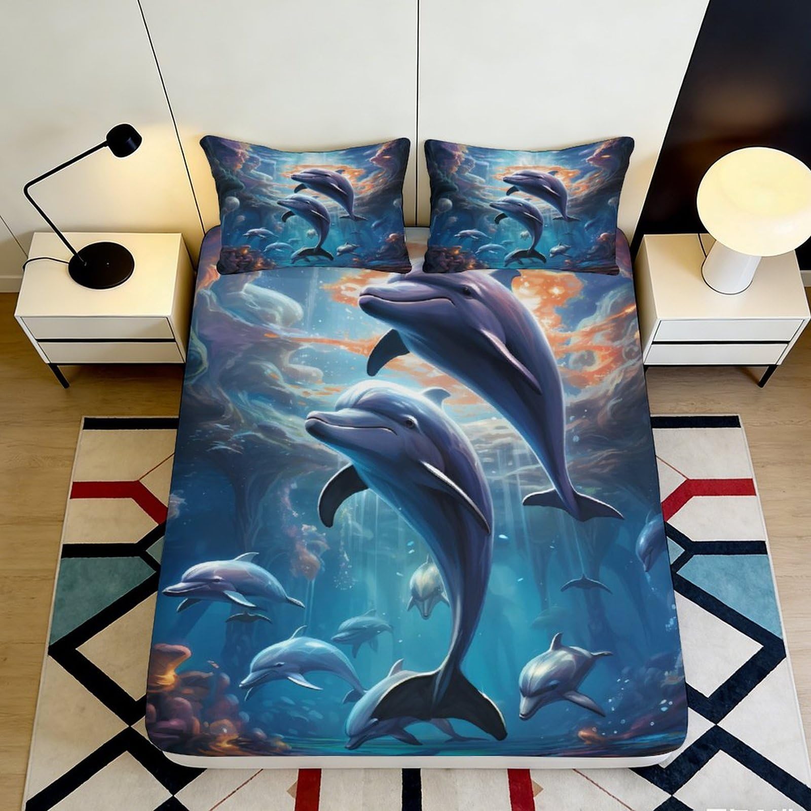 3D Printed Dolphin Ocean Fitted Sheet Microfiber Soft Blue Underwater Bed Cover for Bedroom Guest Room Decor 140x200x25cm
