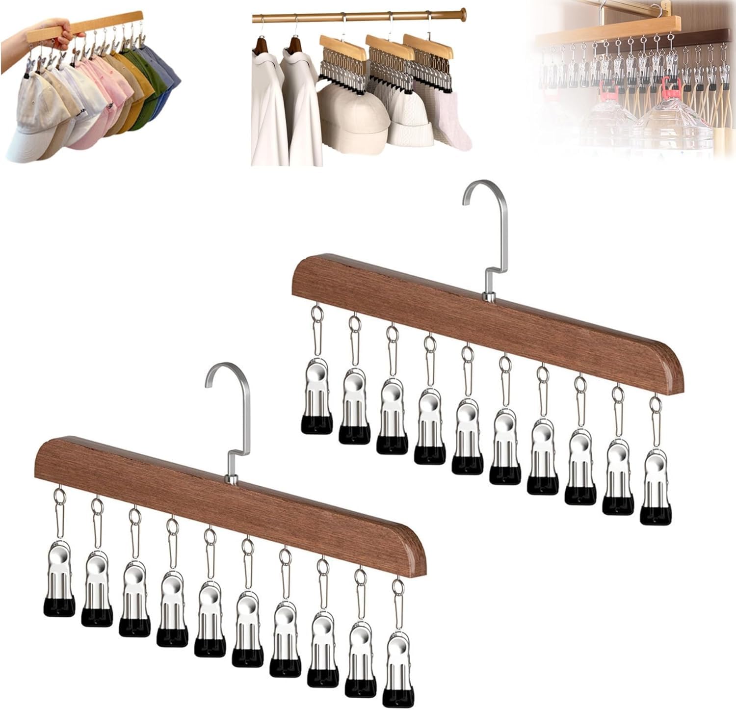 Cintre de rangement suspendu en bois écharpes chapeaux avec clips gain de place