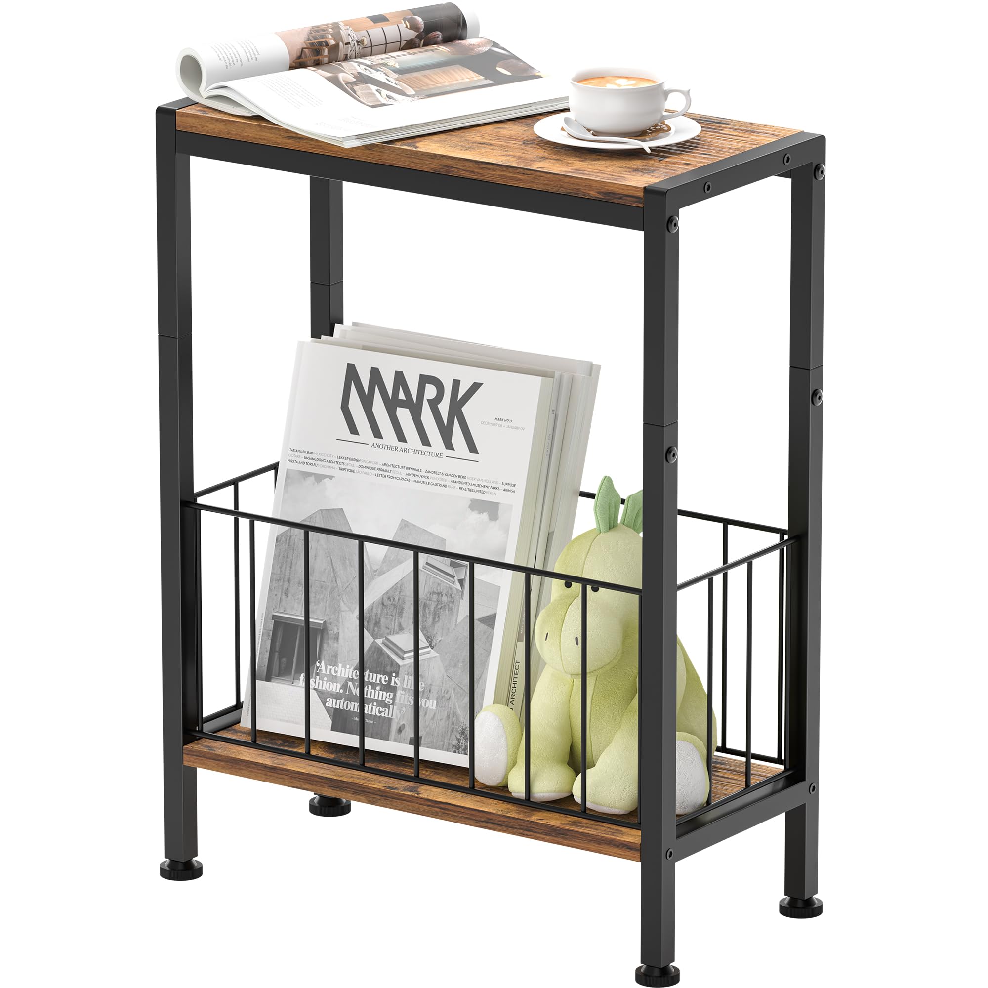 Vantimo Small Side Table with Magazine Rack, 2-Tier Narrow Bedside Table with Storage, End Table for Living Room Office Bedroom Bathroom (Rustic Brown)