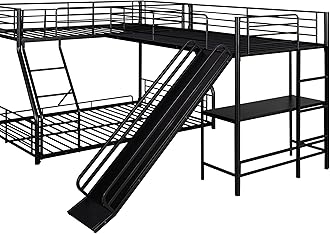 Low Twin Over Full Bunk Bed with Twin Loft Bed, L-Shaped Triple Bunk Bed with Slide and Desk, 3 Bunk Beds with Ladder and Full Length Guardrails, (Black Twin Over Full Slide Desk)