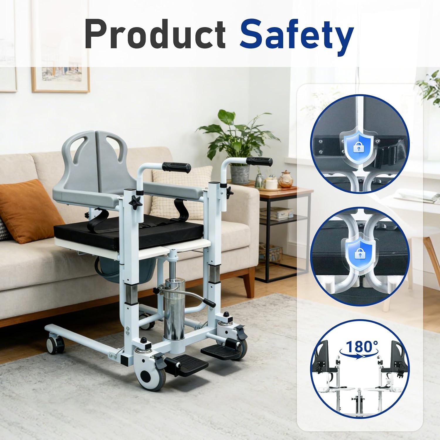 Hydraulic Patient Transfer Lift Chair, Height Adjustable Patient Lifting and Transfer Chair 4 in 1 Shower Chair, Heavy Duty Steel Frame, 350 lbs Capacity for for Elderly, Bed to Toilet (Grey)