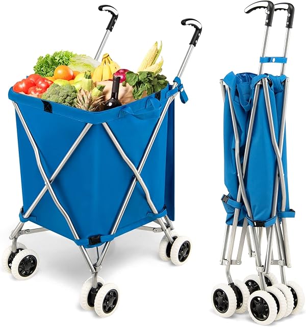 TANGZON 90L 8-Wheel Folding Shopping Trolley, Extra Large Lightweight Shopping Cart with Easy-Grip Handles, Steel Frame Push/Pull Utility Carts for Mobility (Blue)