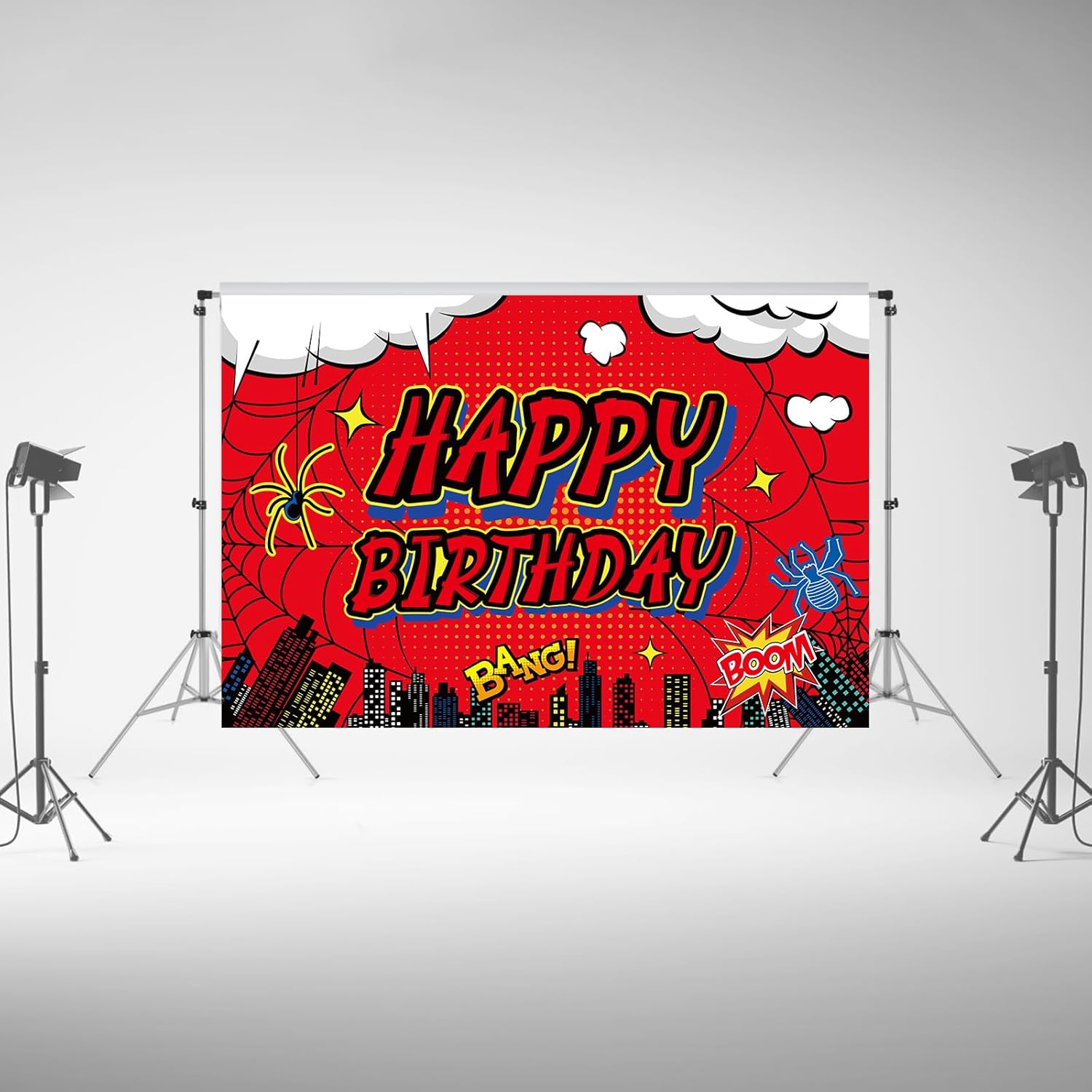 Spider Web Backdrop Party Decoration, 5x3ft Red Spider Web Happy Birthday Backdrop Banner Hero Decoration Supplies for Boys Baby Shower & Booth