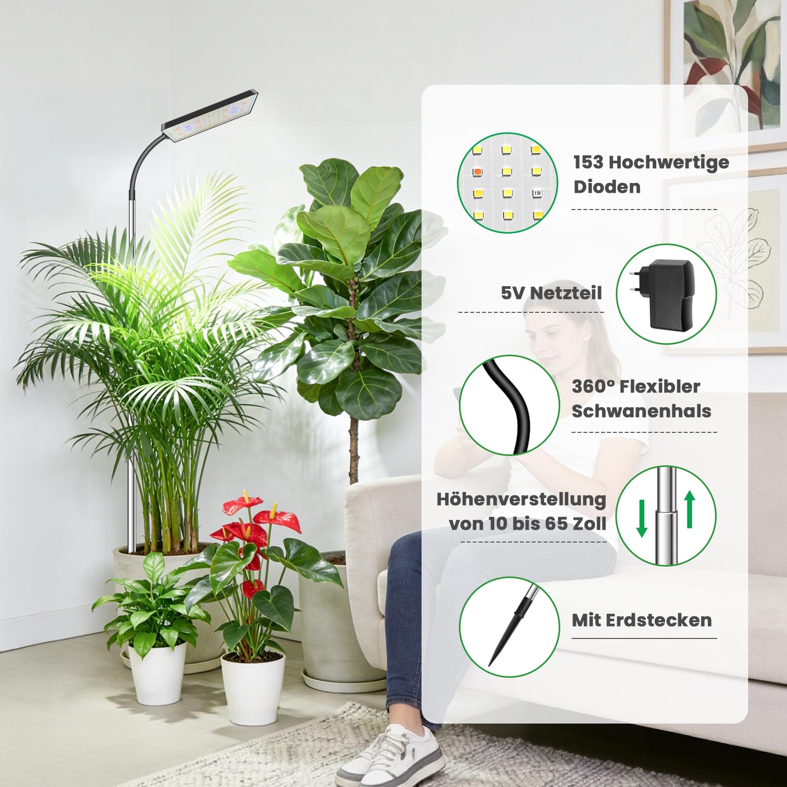 Lampe de croissance LED à spectre complet pour plantes d'intérieur, 153 LED pour plantes d'intérieur, lampe de croissance avec 3 modes d'éclairage, 5 niveaux de luminosité, hauteur réglable