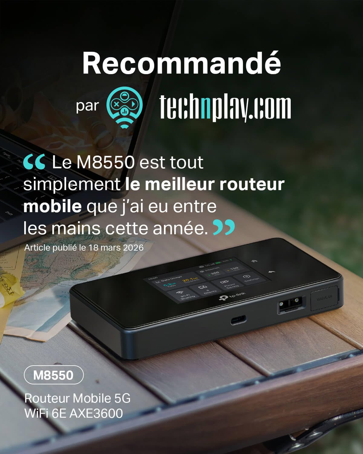 TP-Link M8550 Routeur Mobile 5G Tri-Band, WiFi 6E AXE3600, Jusqu’à 3.4 Gbps, 32 Appareils, Batterie 4680 mAh, Antenna Ports, Écran Tactile, déverrouillé Toutes Les Nano SIM, USB-C, 1 WAN/LAN Gigabit