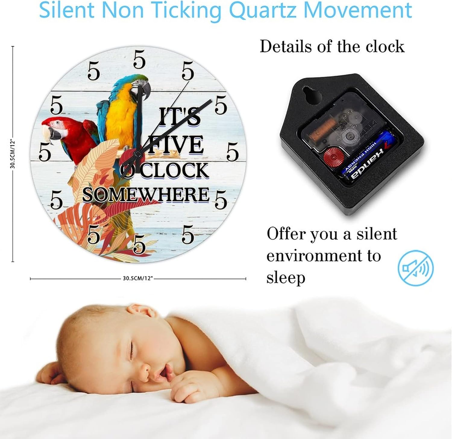 12 Inch It's 5 O'Clock Somewhere Parrot Clock Battery Operated Quartz Quiet Tiki Decor Home Decor Wall Clocks Round Clock for Living Room Bedroom Kitchen Farmhouse Decor