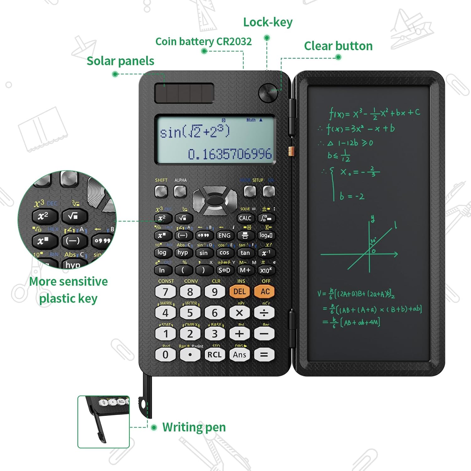 Scientific calculator with writing tablet and pen