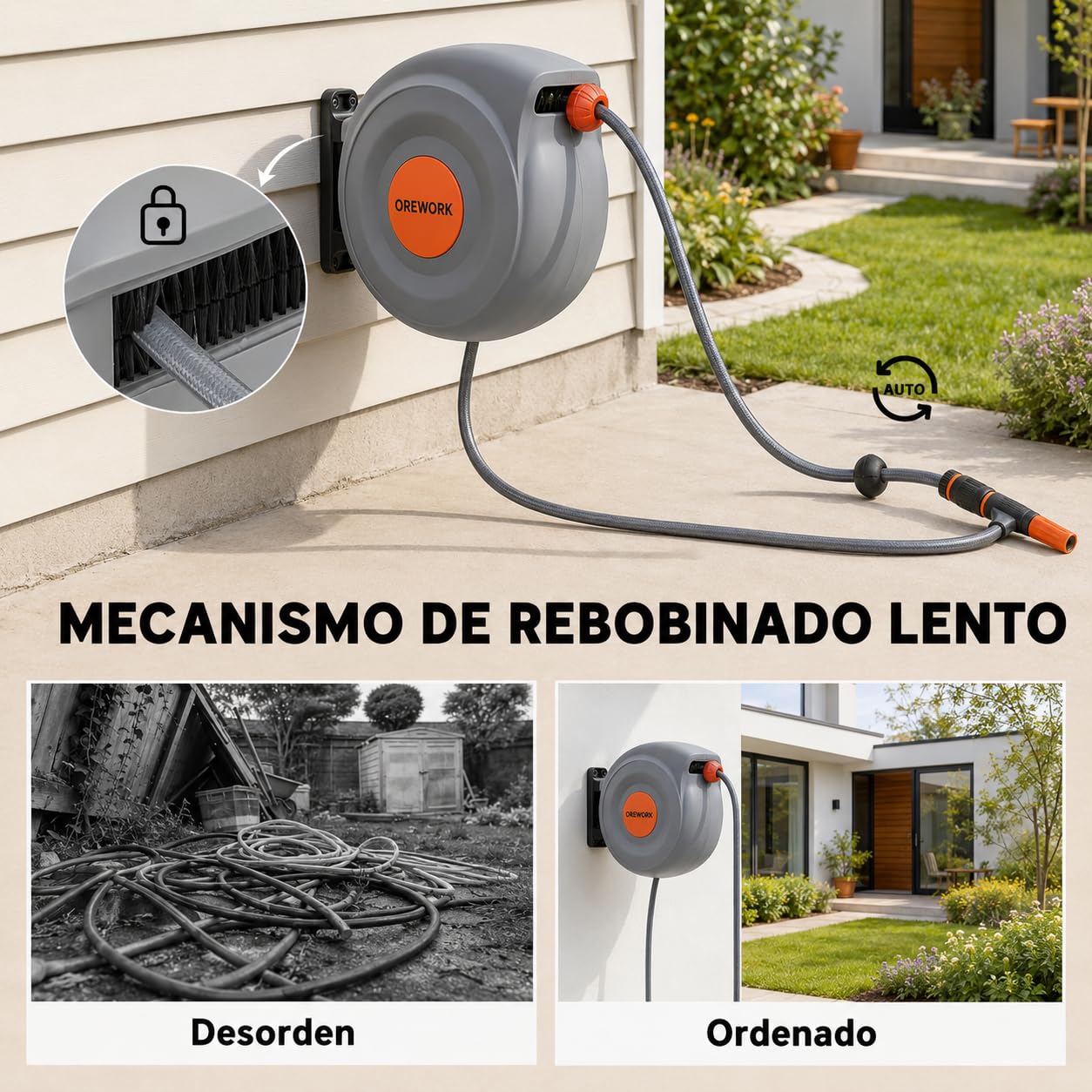OREWORK Enrollador Automático de Manguera, 20 m, Diámetro 12 mm, con Muelle Retráctil, Soporte de Pared, Lanza de Riego