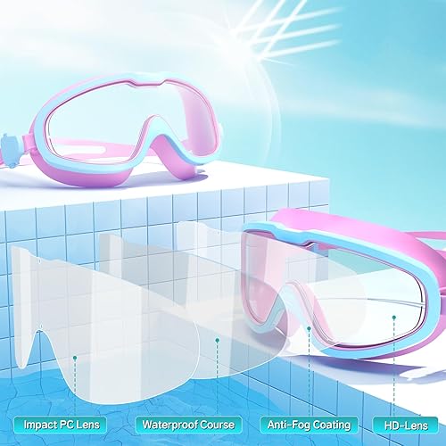 Miniatura 2 de Bairuifu Juego de gafas de natación para niños con clip de nariz y tapones para los oídos, hebilla de bloqueo automático y antivaho y lente de