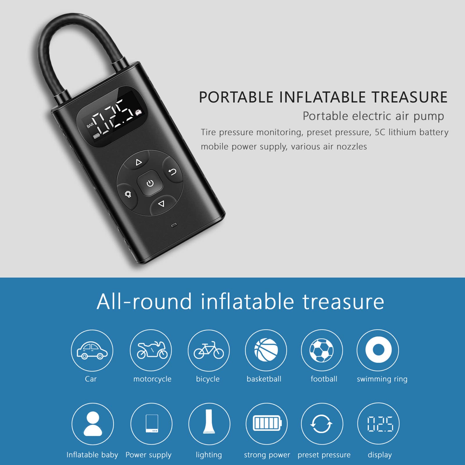 Mini compresseur d'air portatif sans Fil de gonfleur de Pneu, Affichage numérique, Rechargeable par USB, Pompe à air électrique pour pneus de Voiture, balles