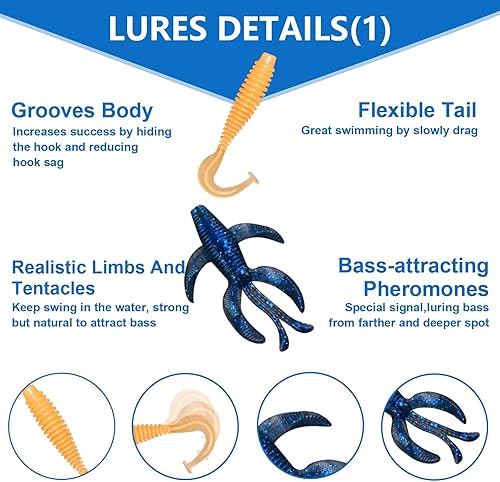 Miniatura 3 de Kit de señuelos de pesca de lubina, 48 piezas, aparejos de pesca para lubina, cebos y señuelos de pesca, gusanos de plástico suave, ciempiés,